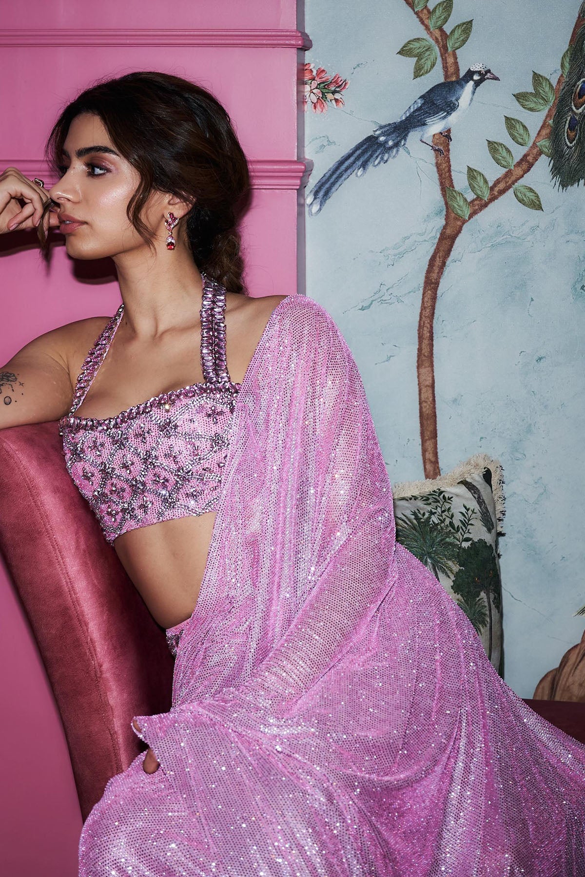 Khushi Kapoor in Pink Mystic Saree Set