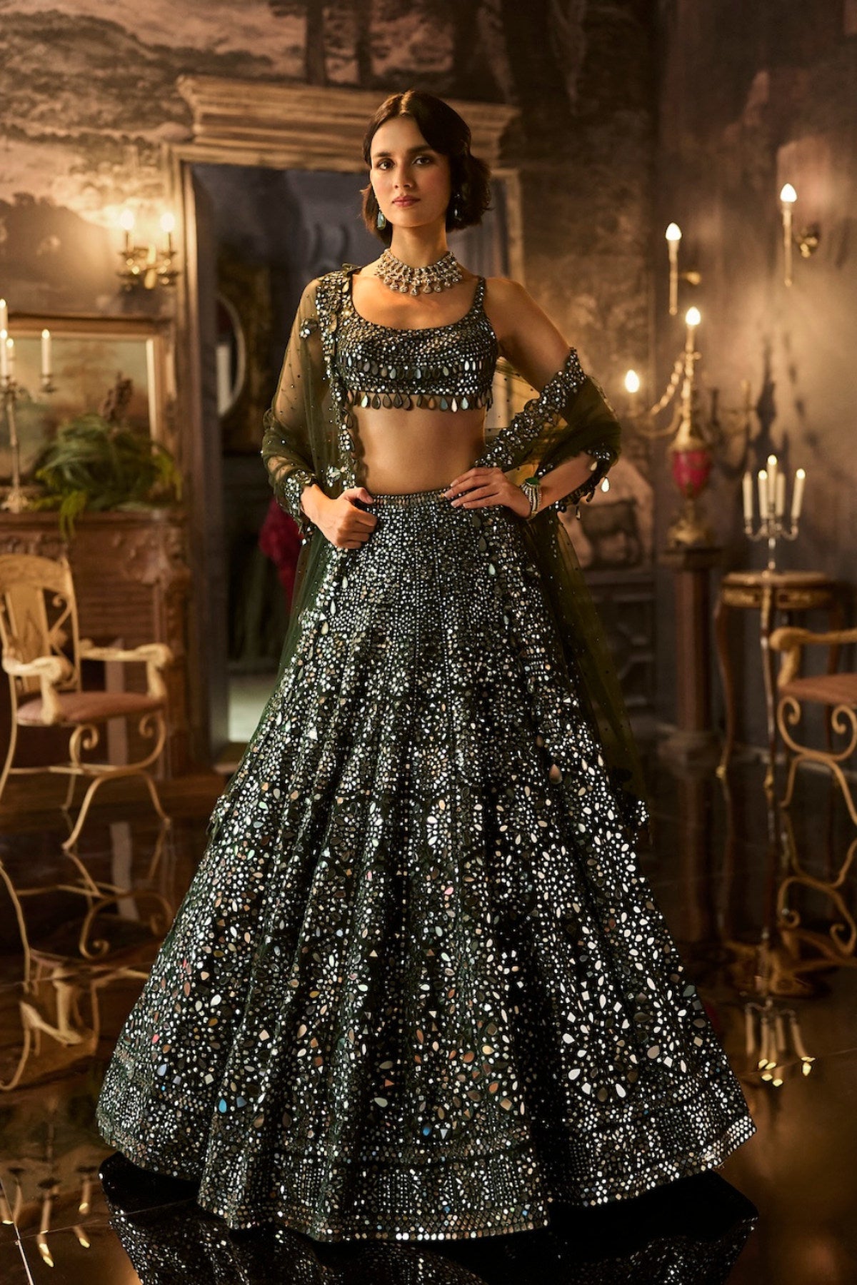 Dark Green Mirror Work Lehenga Set