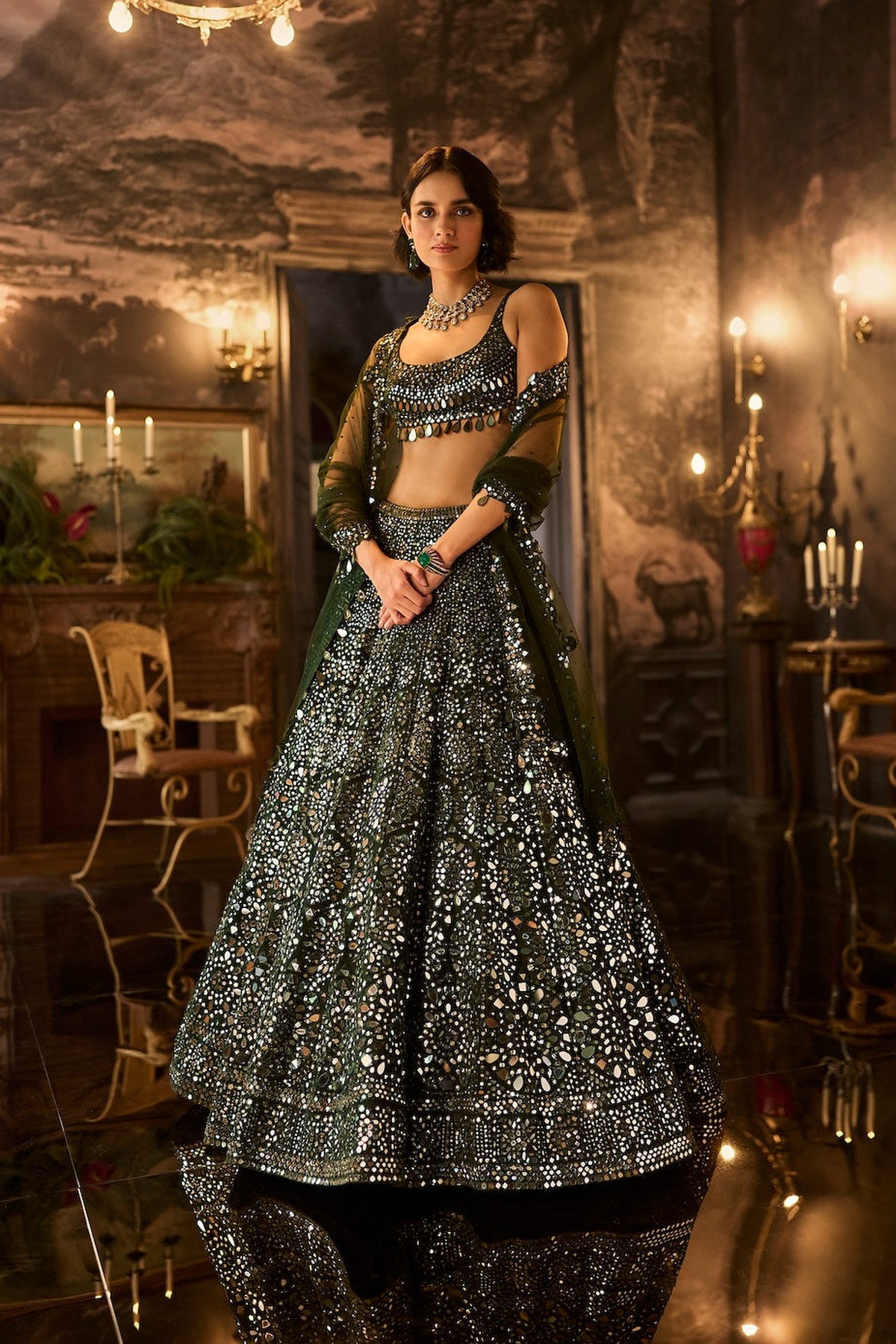 Dark Green Mirror Work Lehenga Set