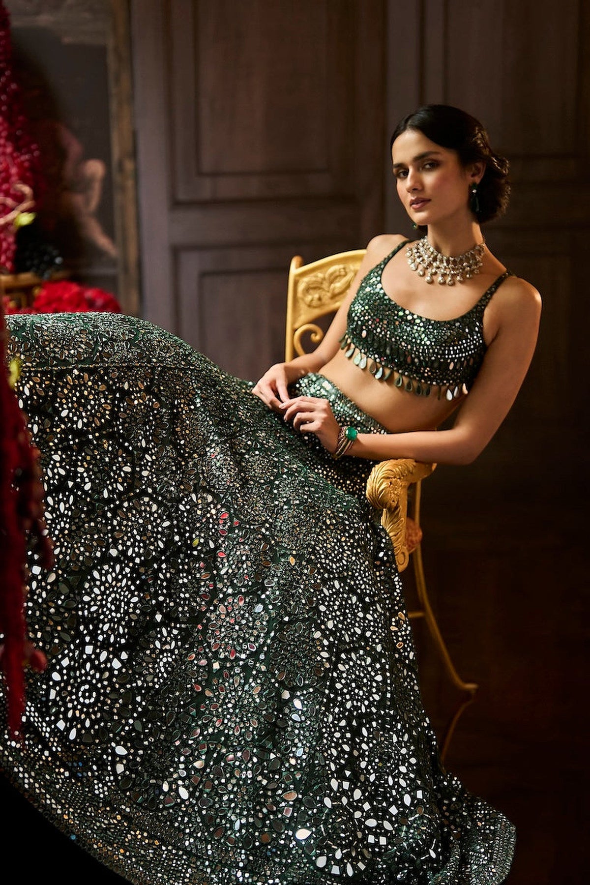 Dark Green Mirror Work Lehenga Set