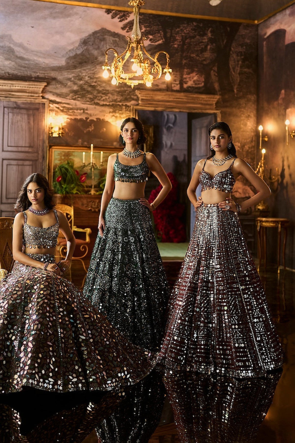 Dark Green Mirror Work Lehenga Set