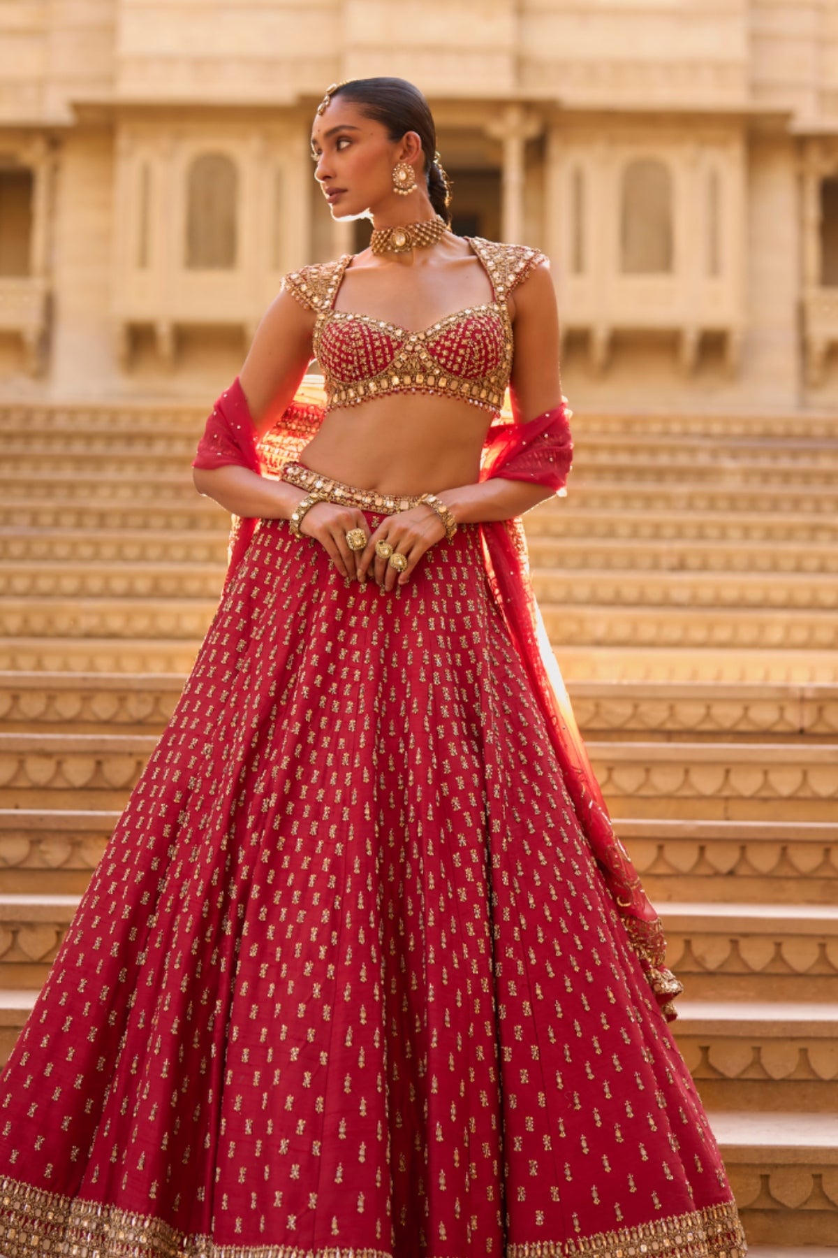 Dark Red Gold Zardosi Lehenga Set