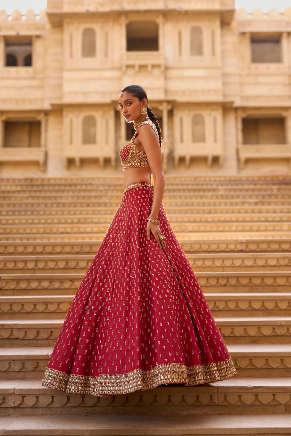 Dark Red Gold Zardosi Lehenga Set