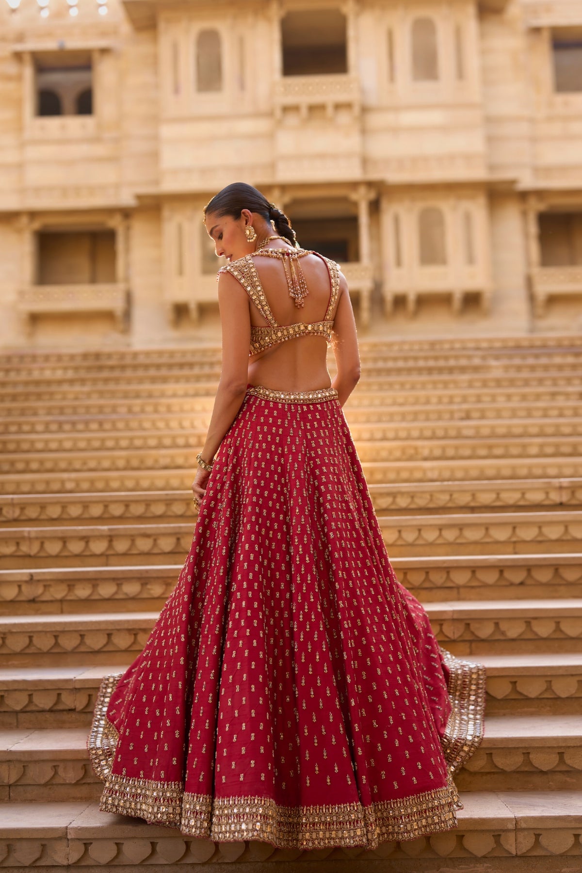 Dark Red Gold Zardosi Lehenga Set