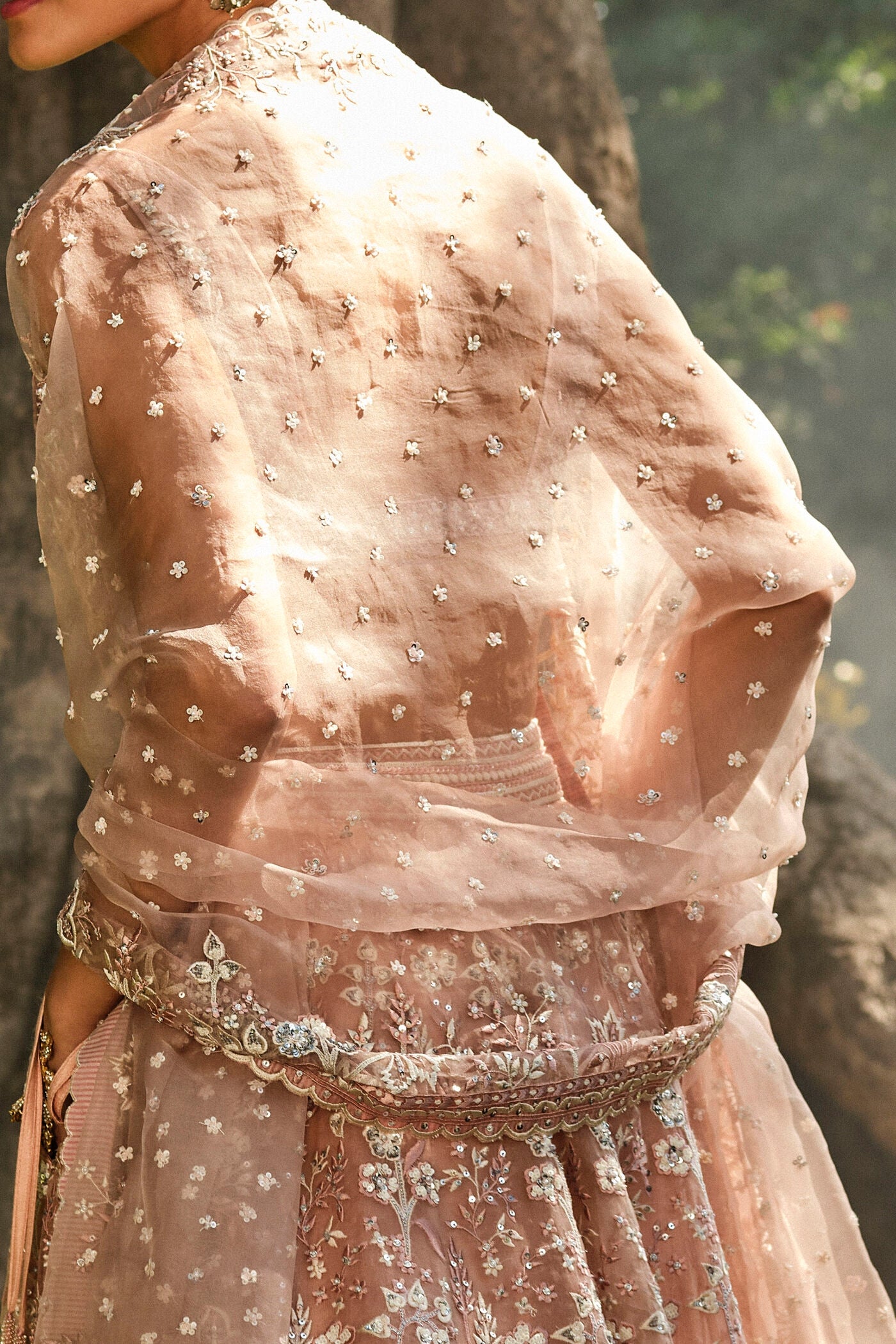 Forest Rose Embroidered Silk Lehenga Set - Blush