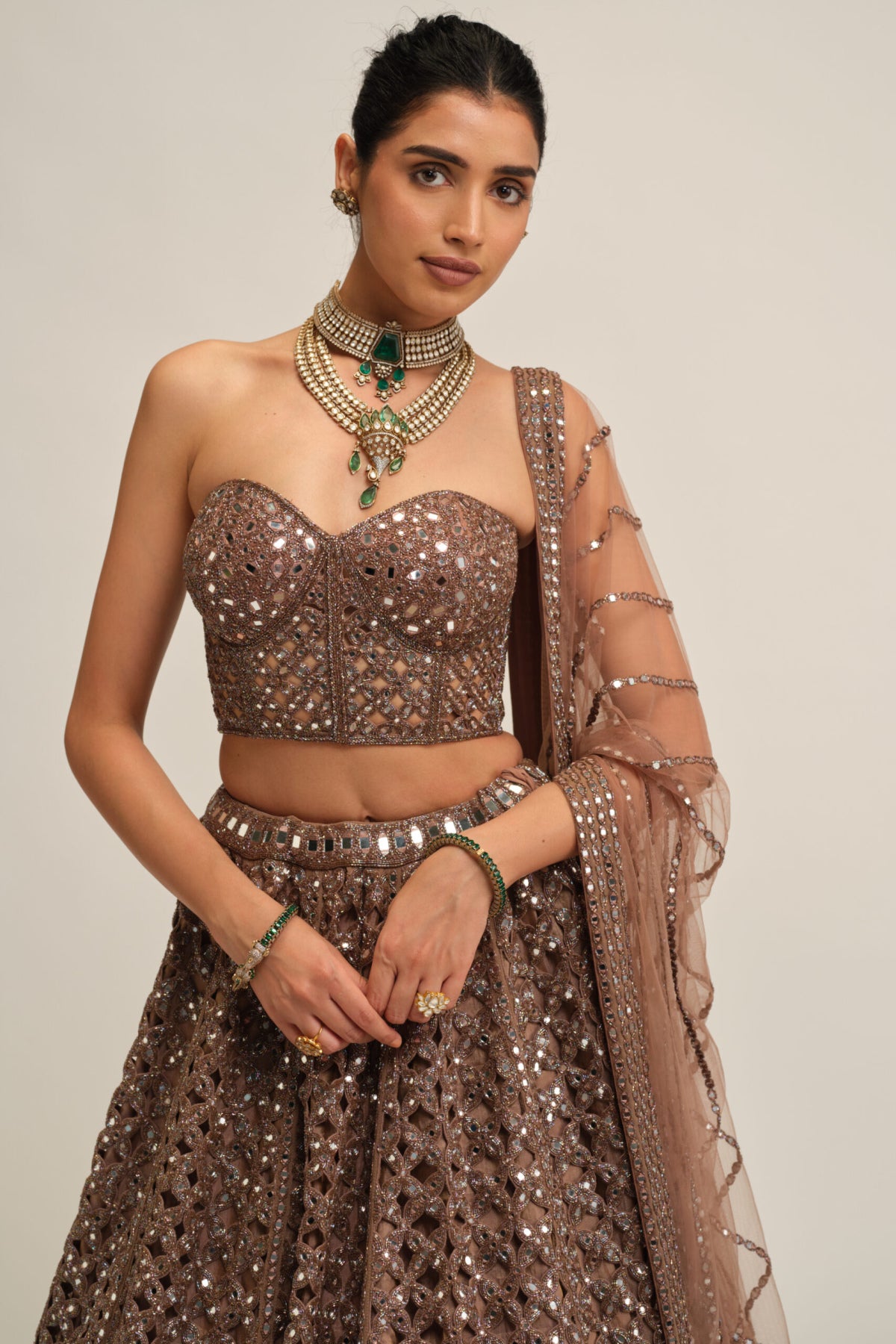Deep Beige Flower Cutwork Lehenga Set