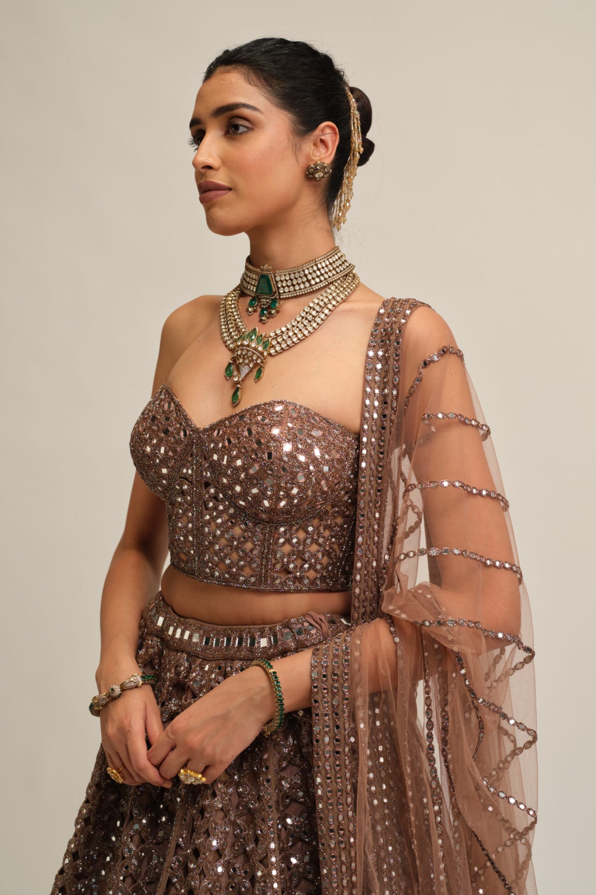 Deep Beige Flower Cutwork Lehenga Set