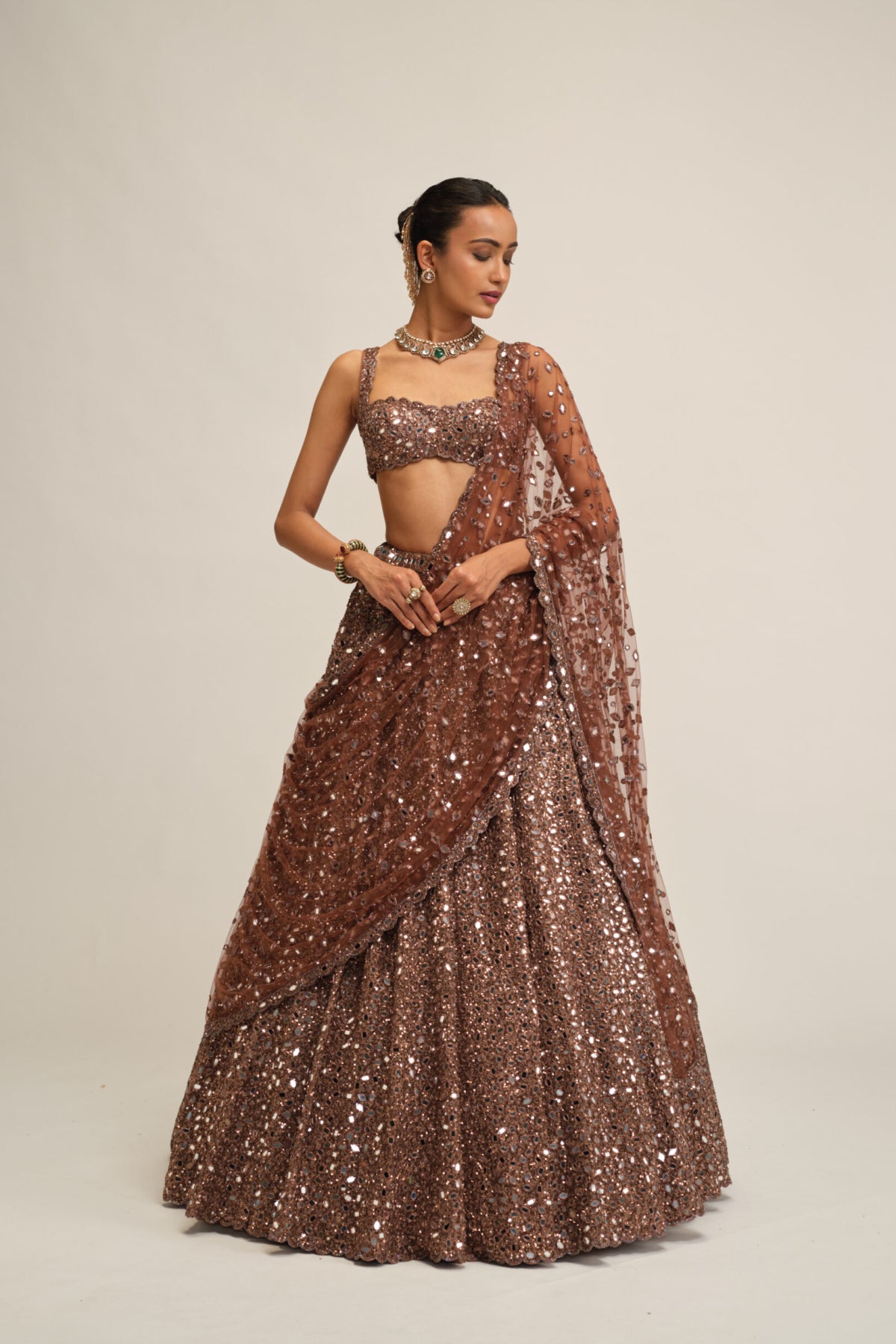Deep Beige Mirror Embroidered Lehenga Set