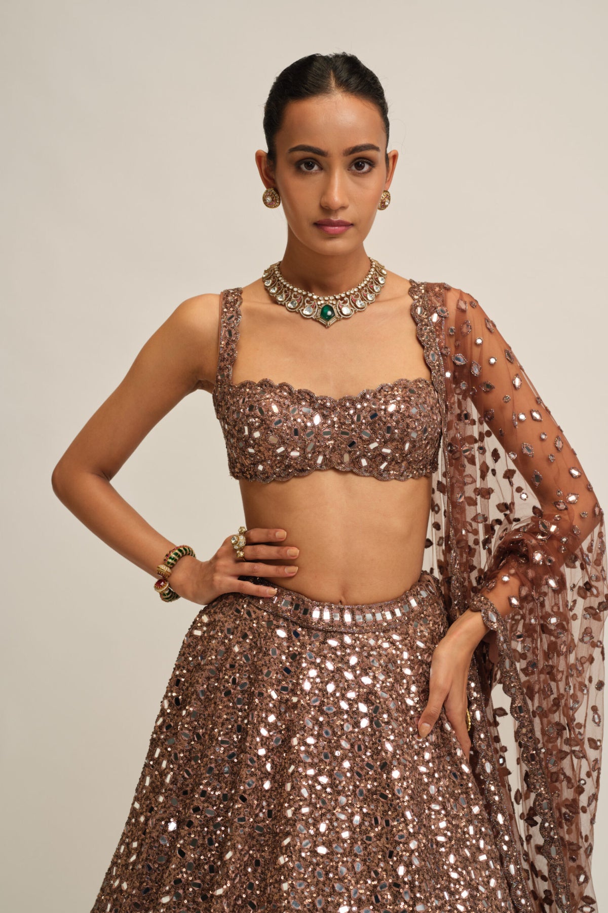 Deep Beige Mirror Embroidered Lehenga Set