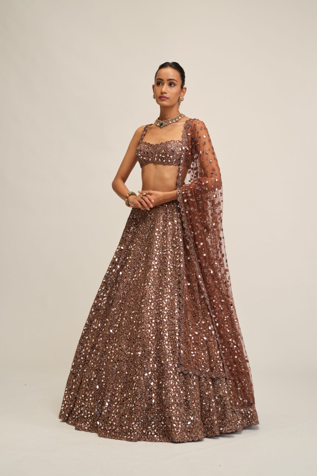 Deep Beige Mirror Embroidered Lehenga Set