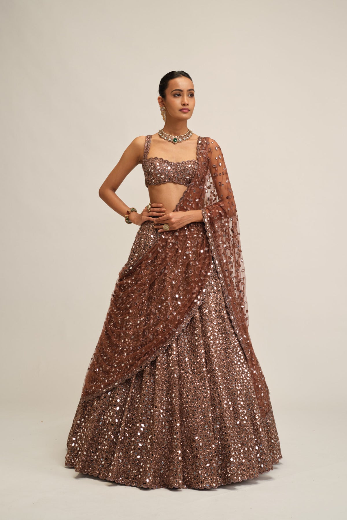 Deep Beige Mirror Embroidered Lehenga Set