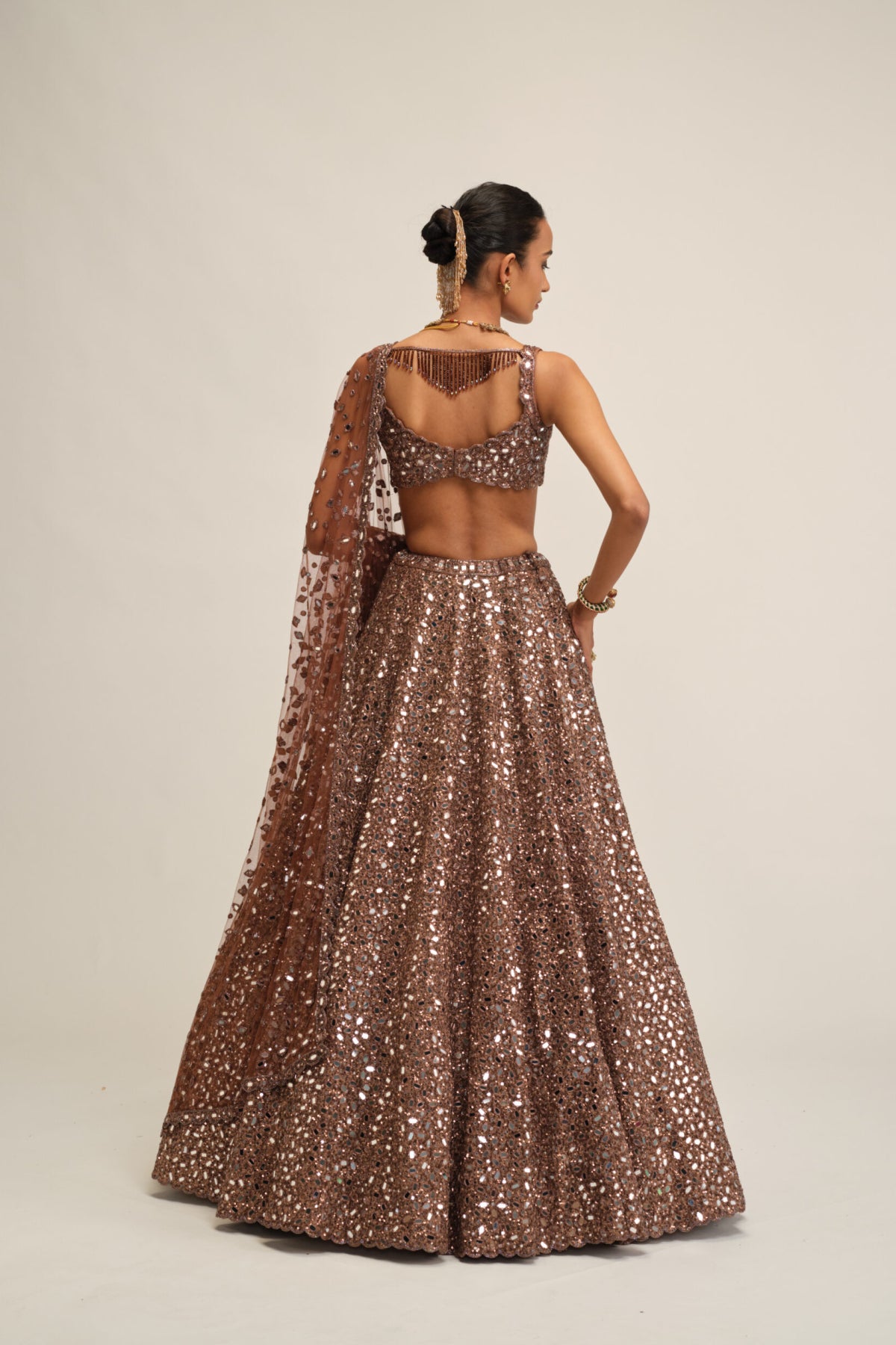 Deep Beige Mirror Embroidered Lehenga Set
