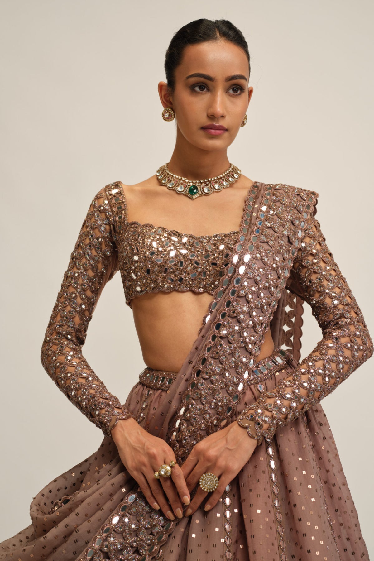 Deep Beige Sequins Embroidered Lehenga Set