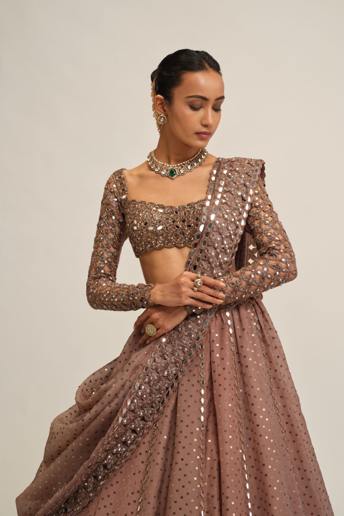 Deep Beige Sequins Embroidered Lehenga Set