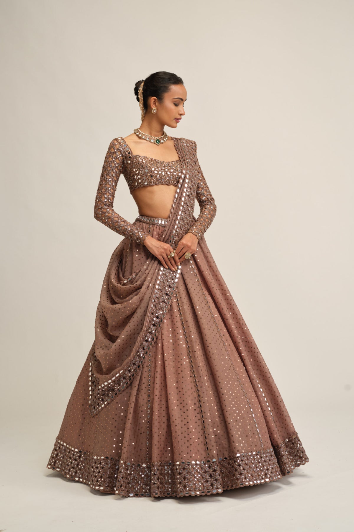 Deep Beige Sequins Embroidered Lehenga Set