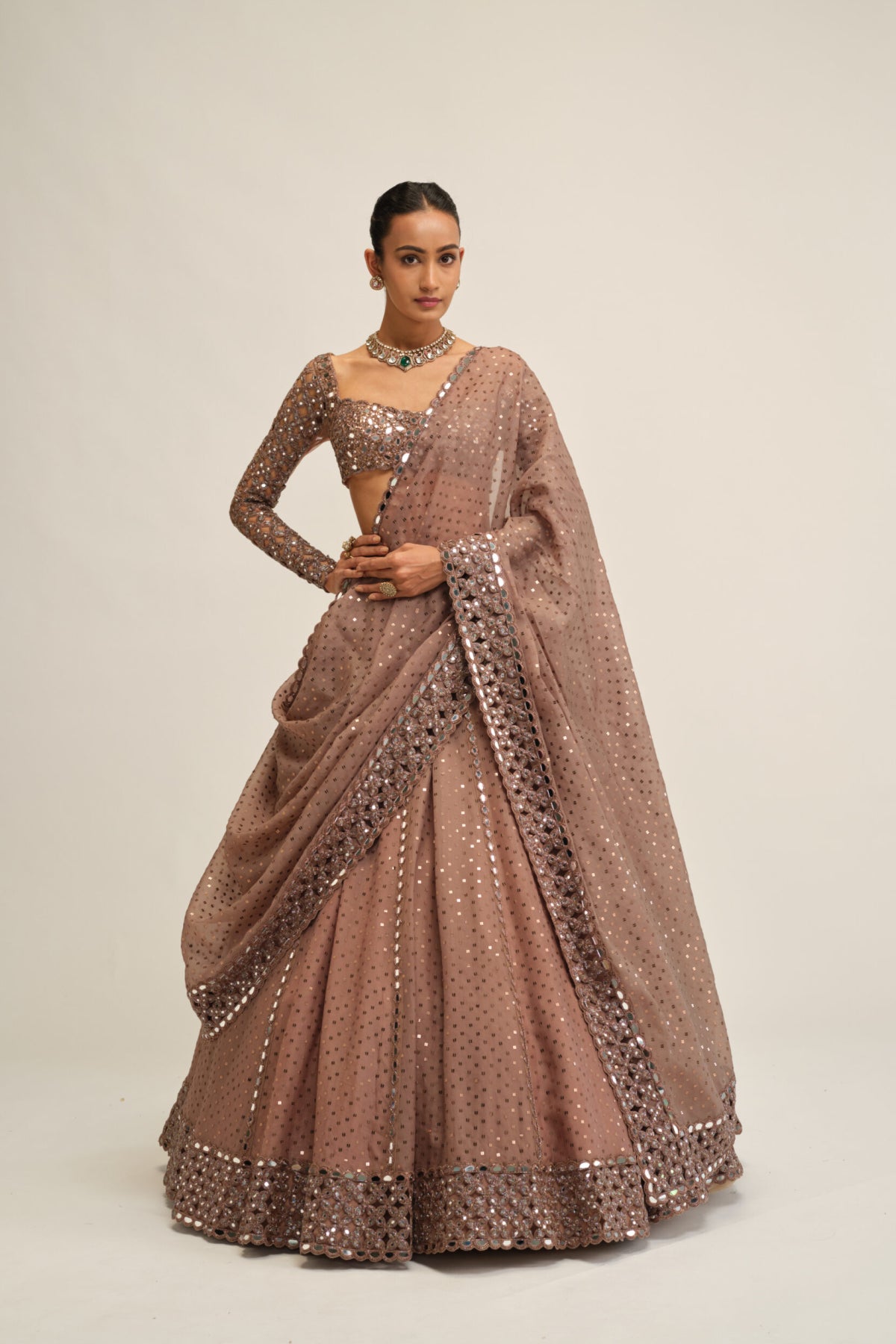Deep Beige Sequins Embroidered Lehenga Set