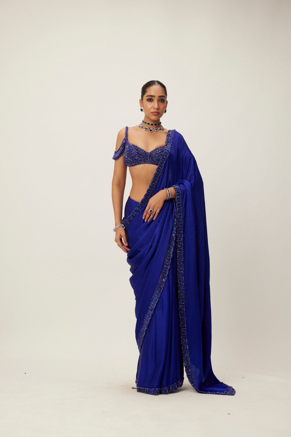 Cocktail Blue Satin Saree Set- Ready to ship