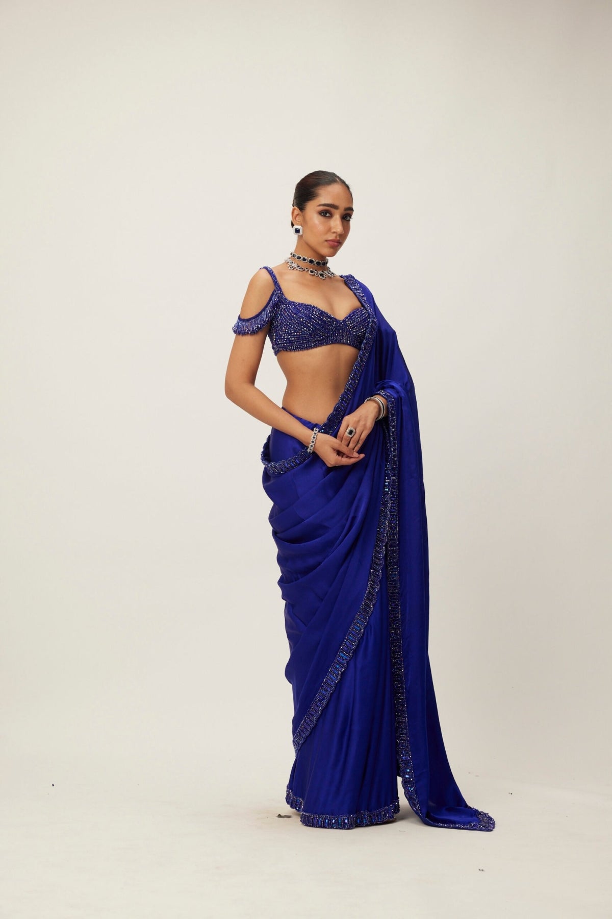 Cocktail Blue Satin Saree Set- Ready to ship