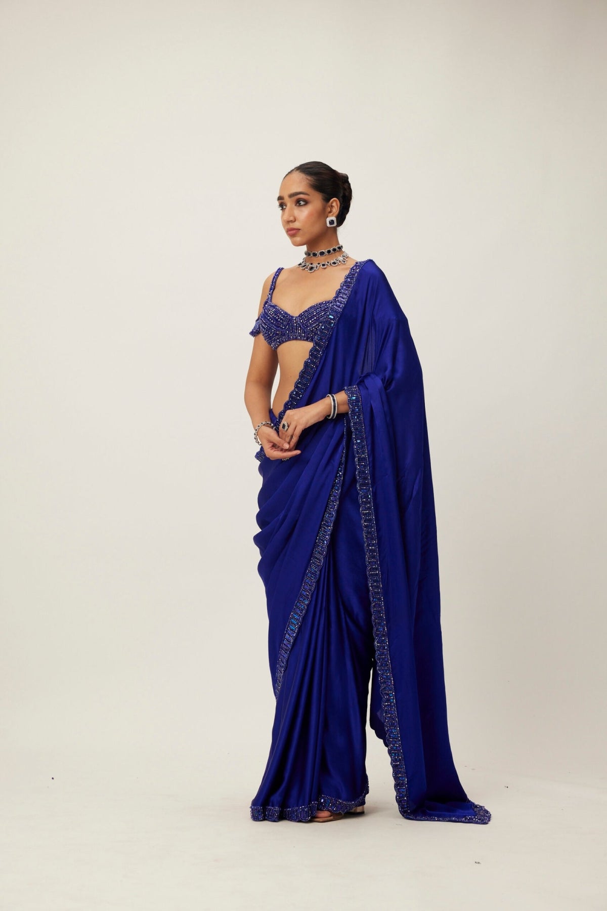 Cocktail Blue Satin Saree Set- Ready to ship