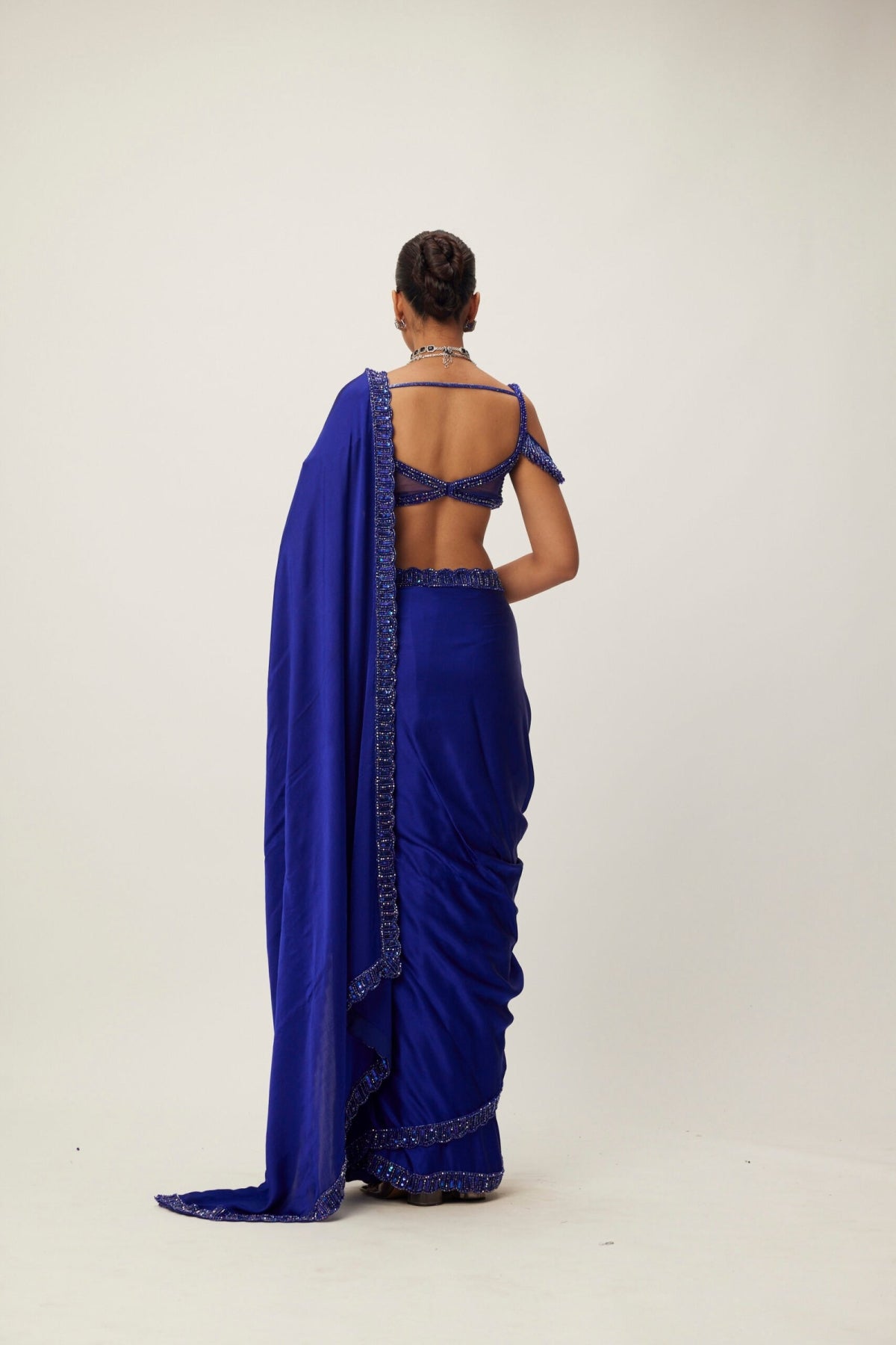 Cocktail Blue Satin Saree Set- Ready to ship