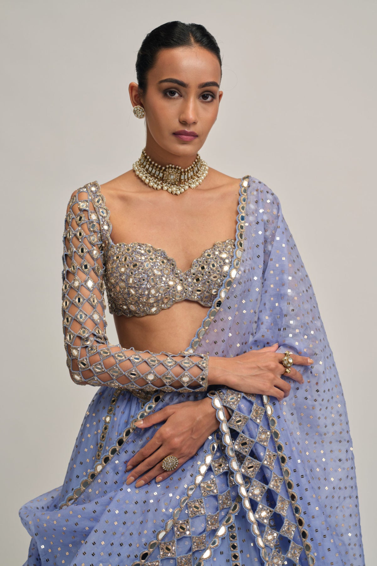 Dew Blue Cutwork Sleeve Lehenga Set