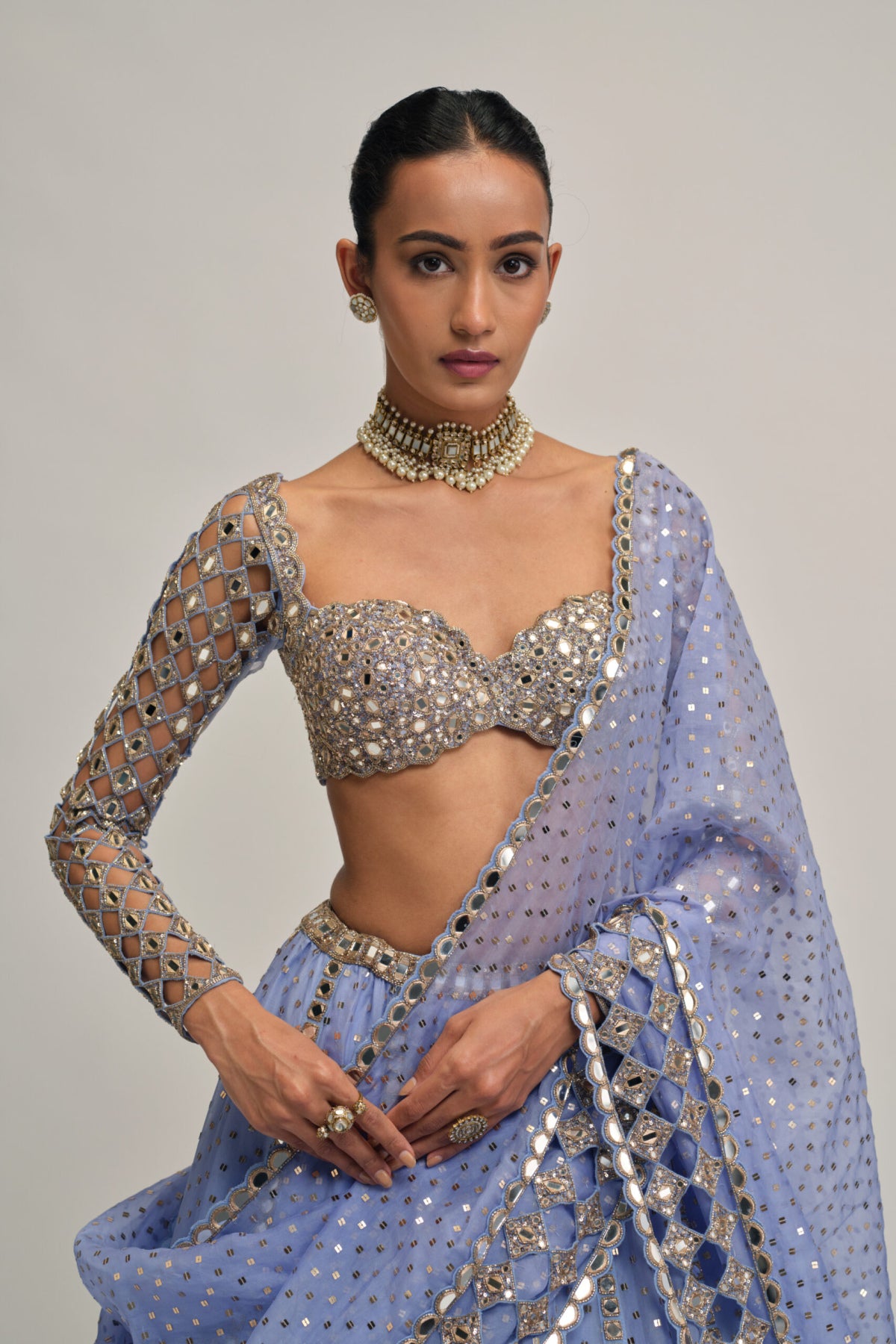 Dew Blue Cutwork Sleeve Lehenga Set