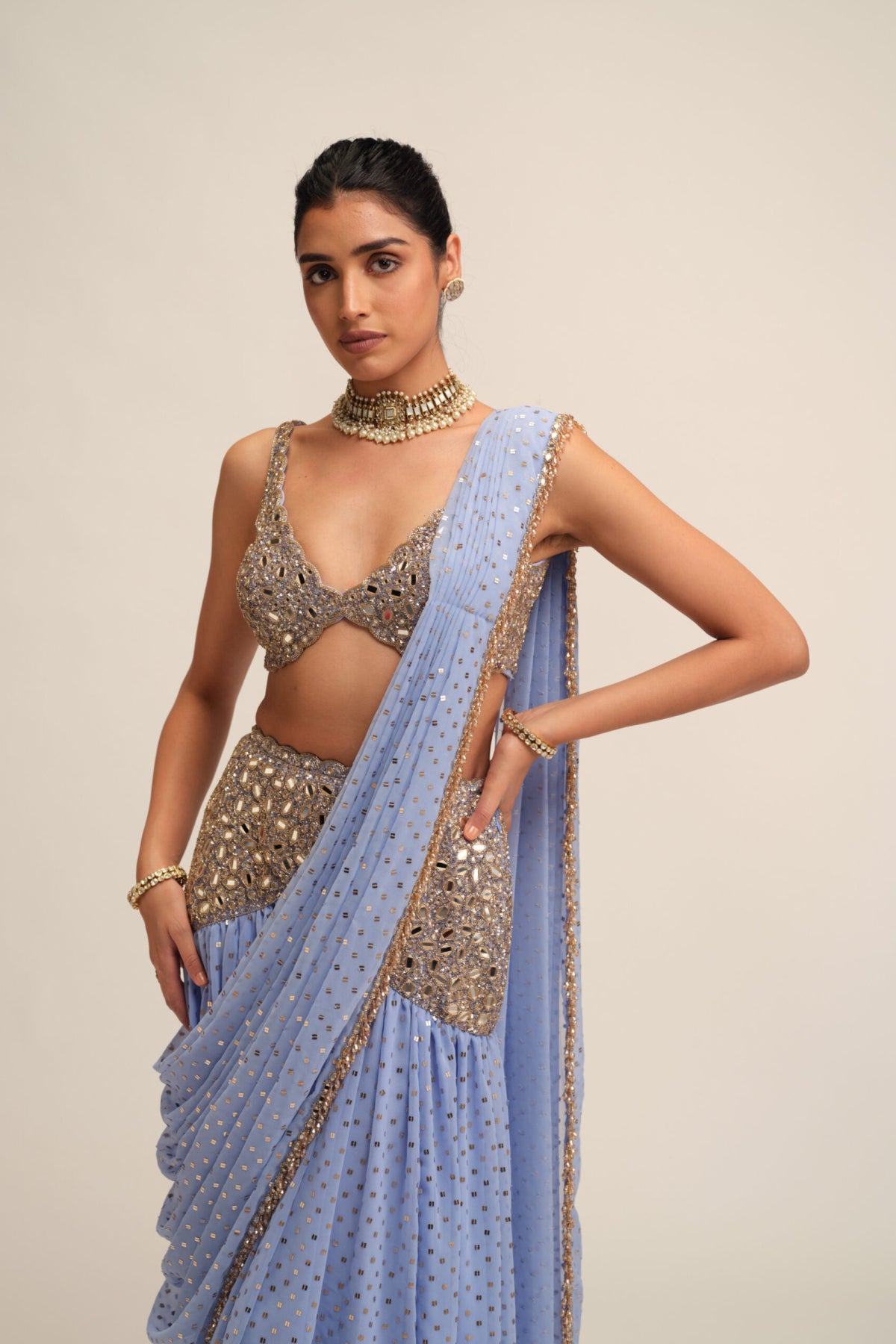 Dew Blue Draped Saree Set