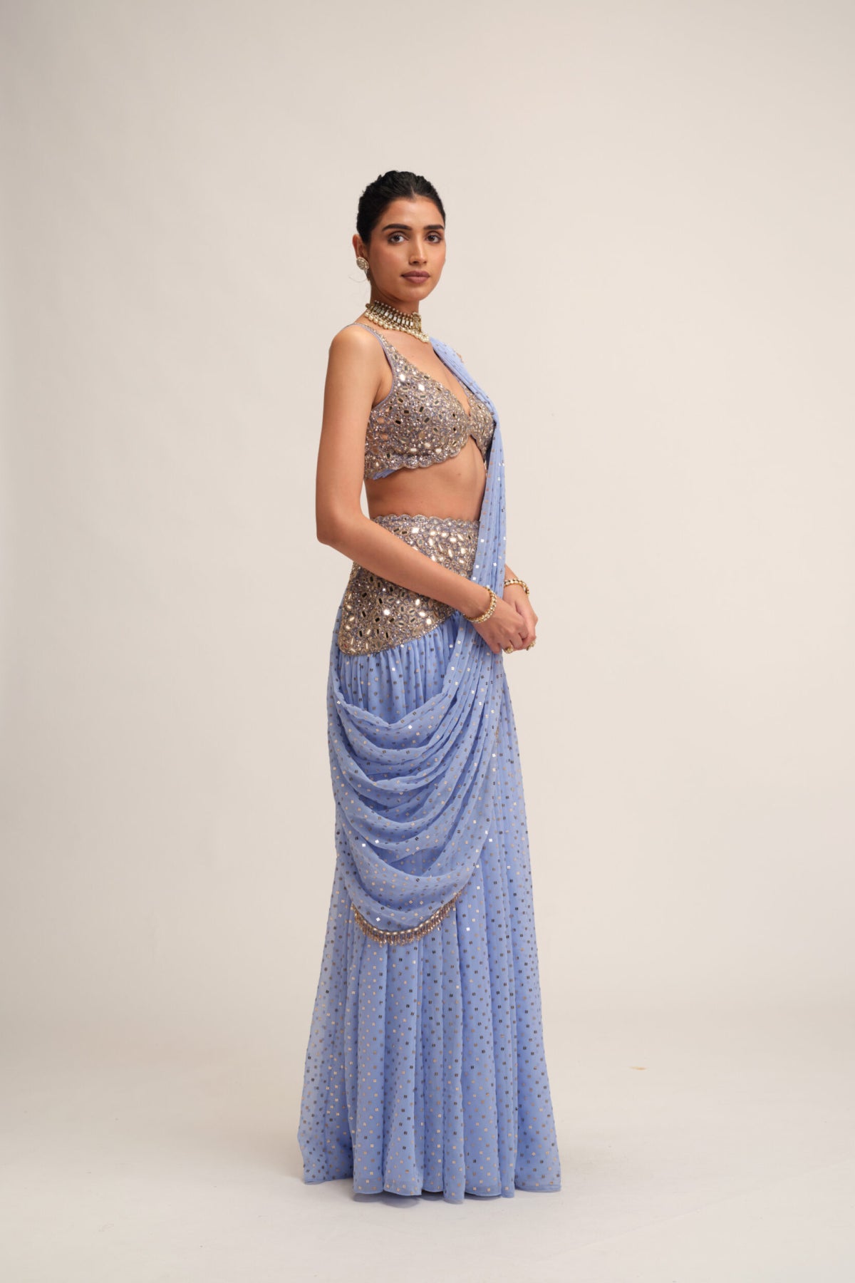 Dew Blue Draped Saree Set