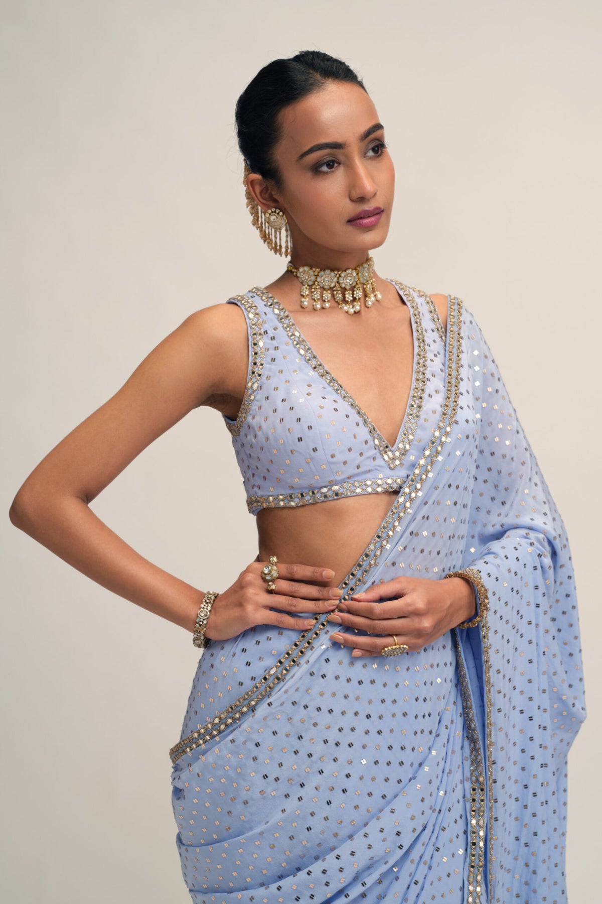 Dew Blue Sequins Embroidered Saree Set