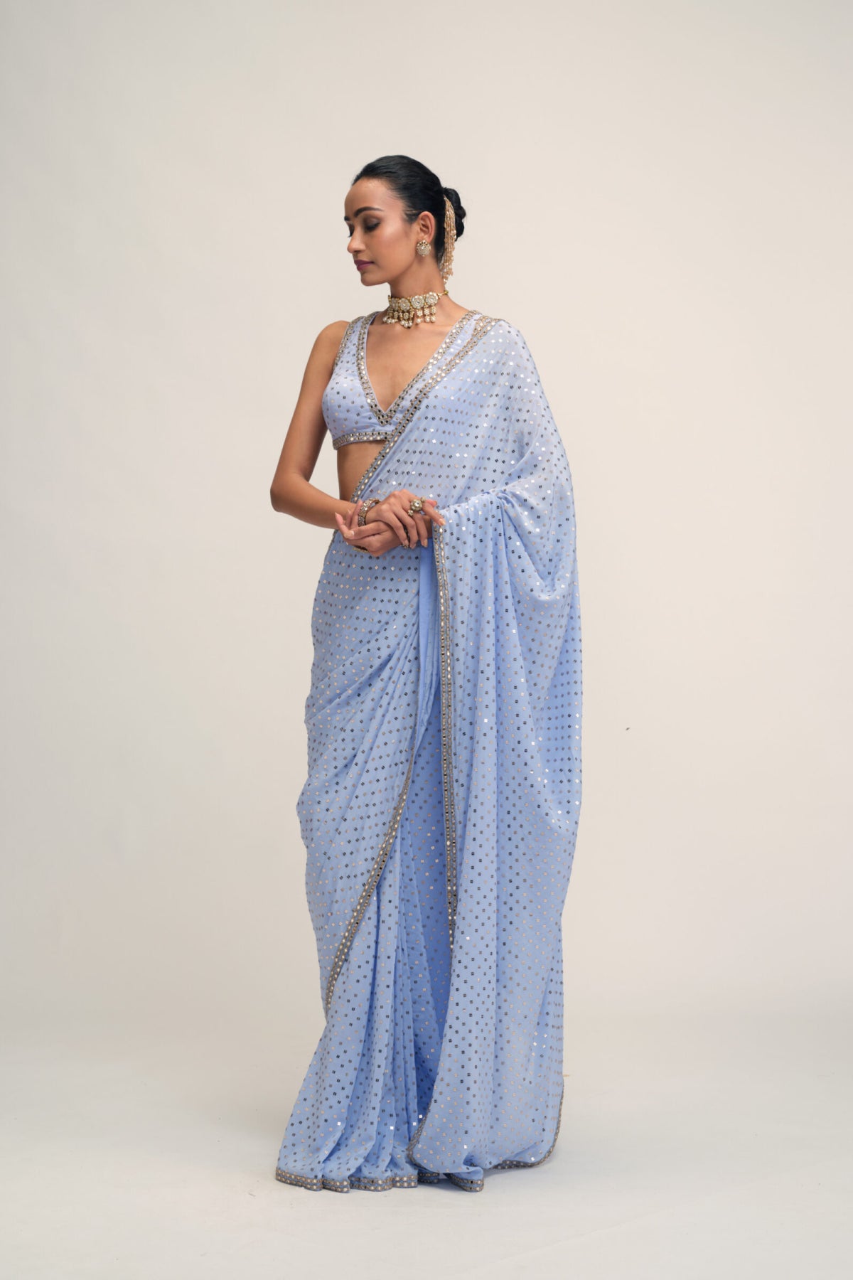 Dew Blue Sequins Embroidered Saree Set