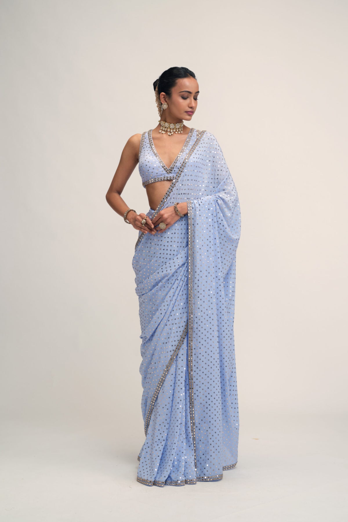 Dew Blue Sequins Embroidered Saree Set