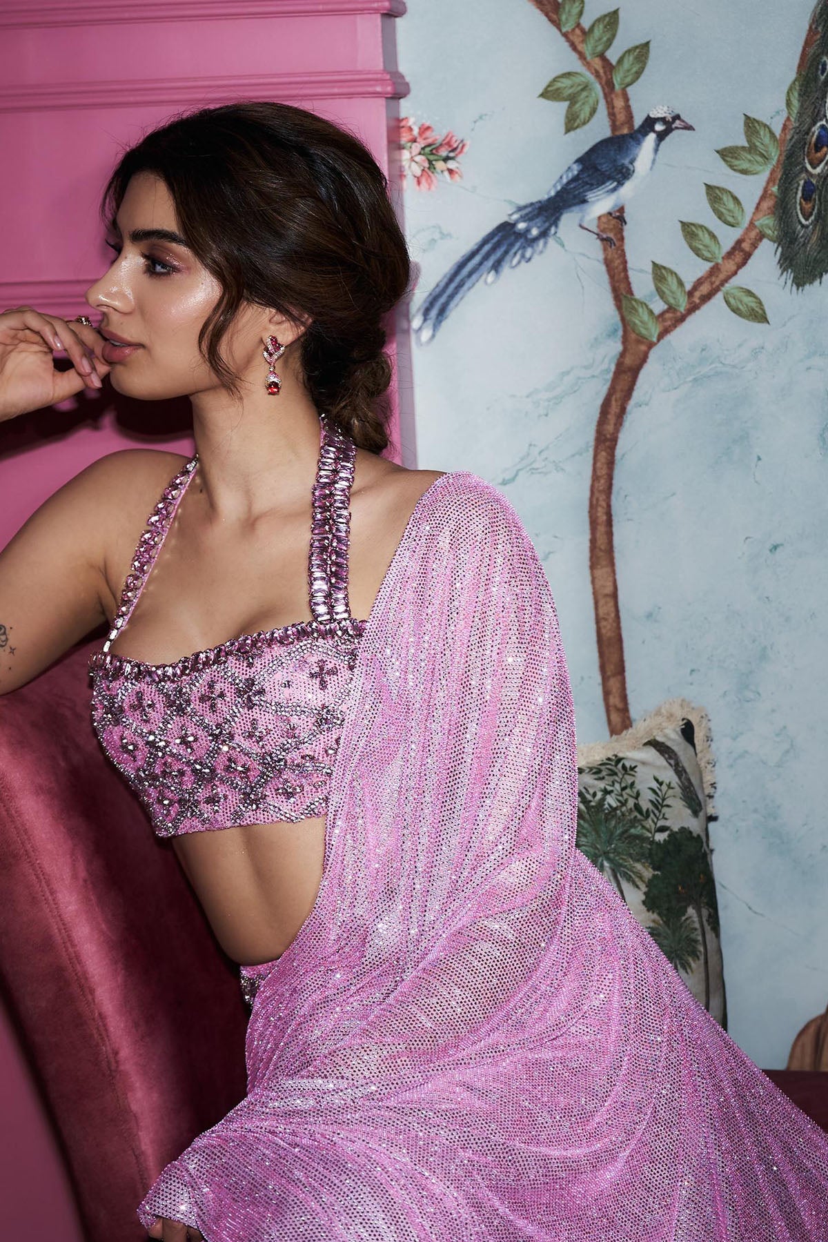 Khushi Kapoor in Pink Mystic Saree Set