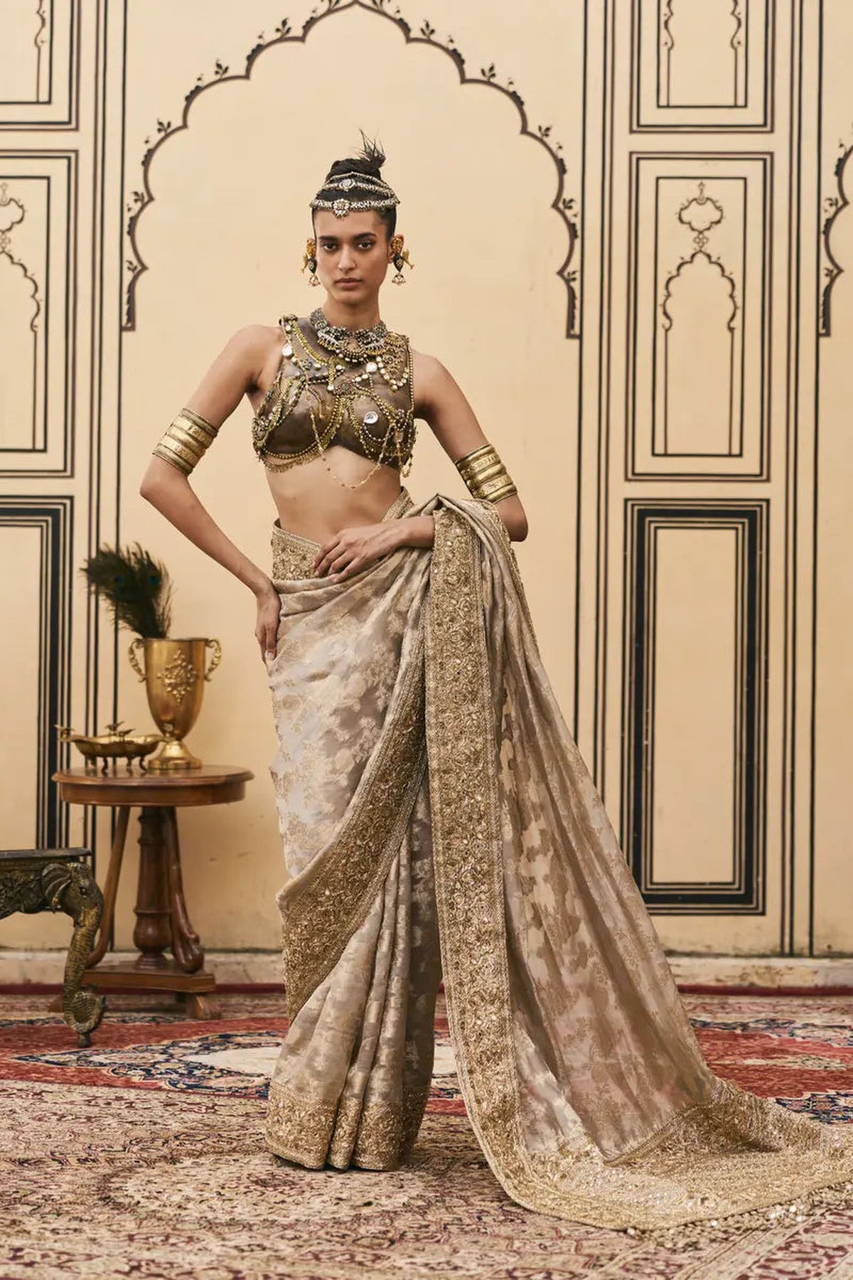 Dhoomra Tissue Brocade Metal Saree Set