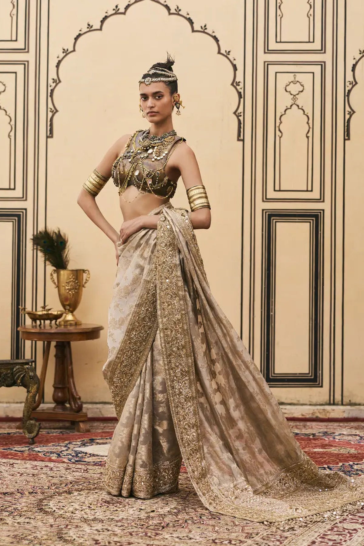 Dhoomra Tissue Brocade Metal Saree Set