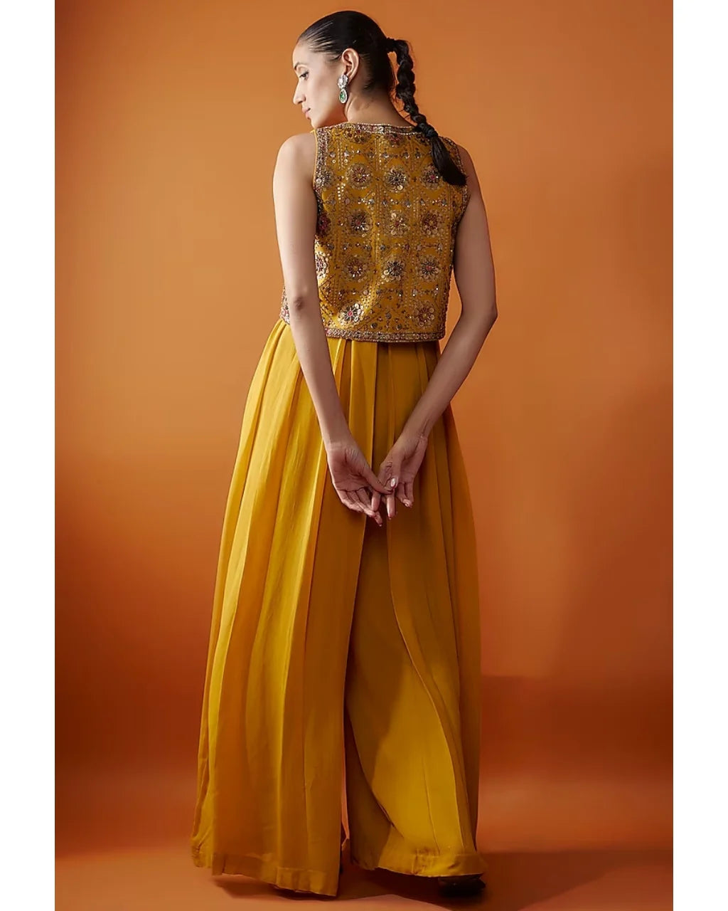 Mustard Pleated Jumpsuit With Short Jacket