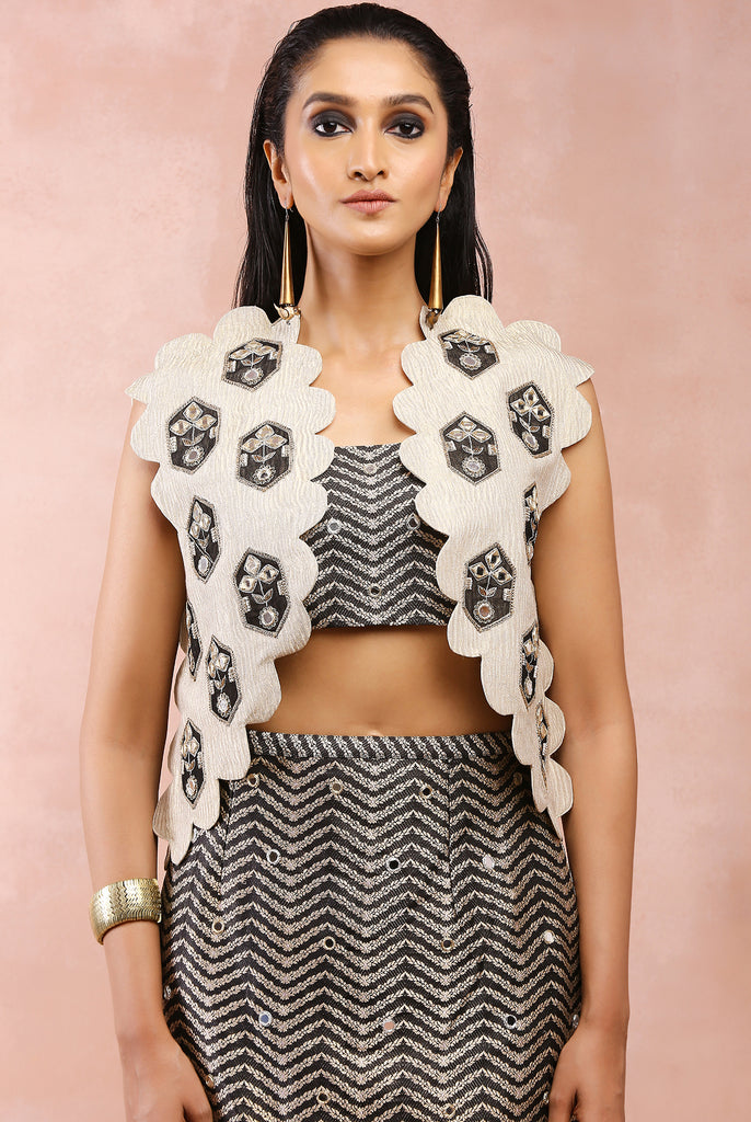 DULL GOLD EMBROIDERED JACKET WITH BLACK BROCADE BUSTIER AND SKIRT