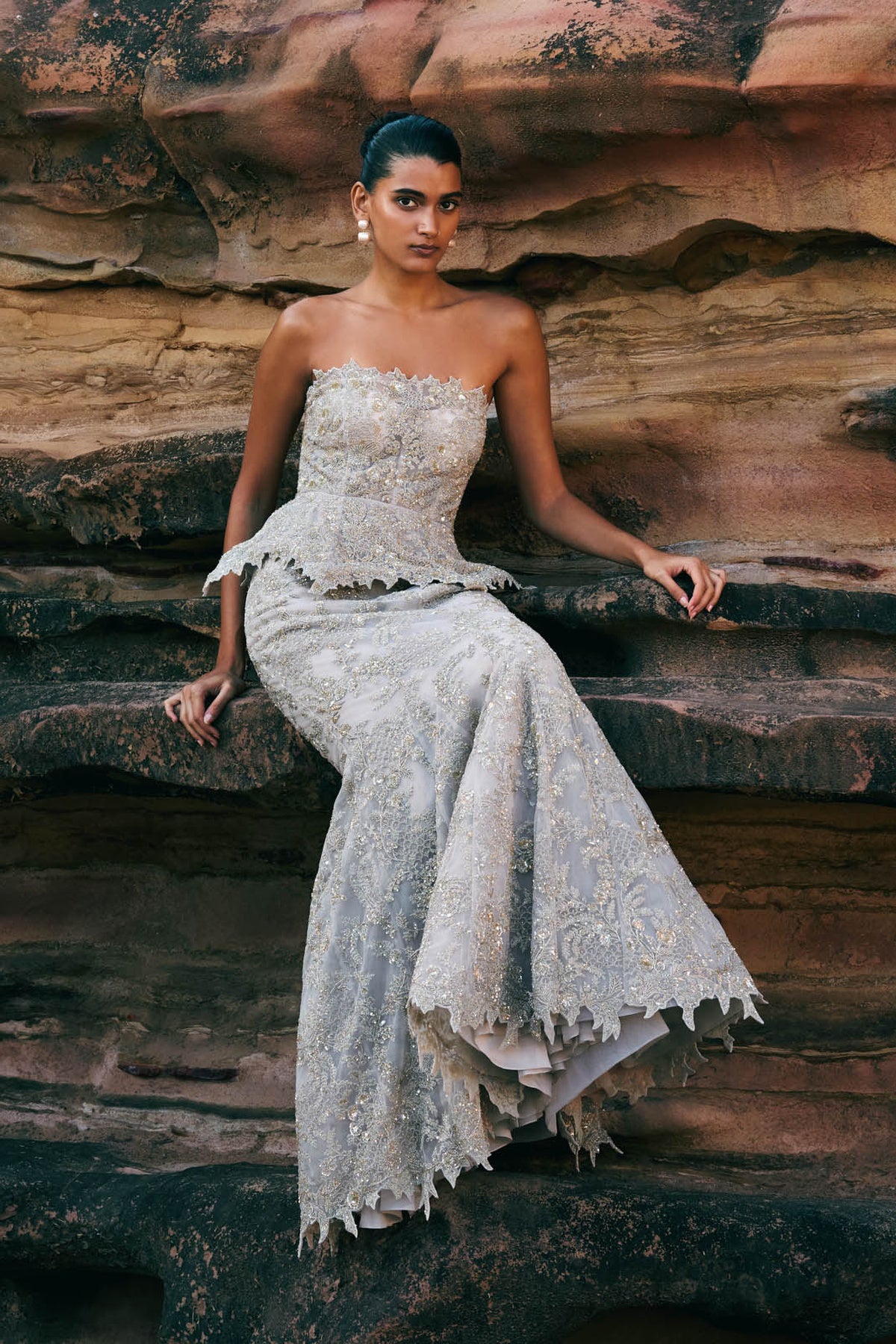 Dull Ivory Peplum With Mermaid Skirt Set