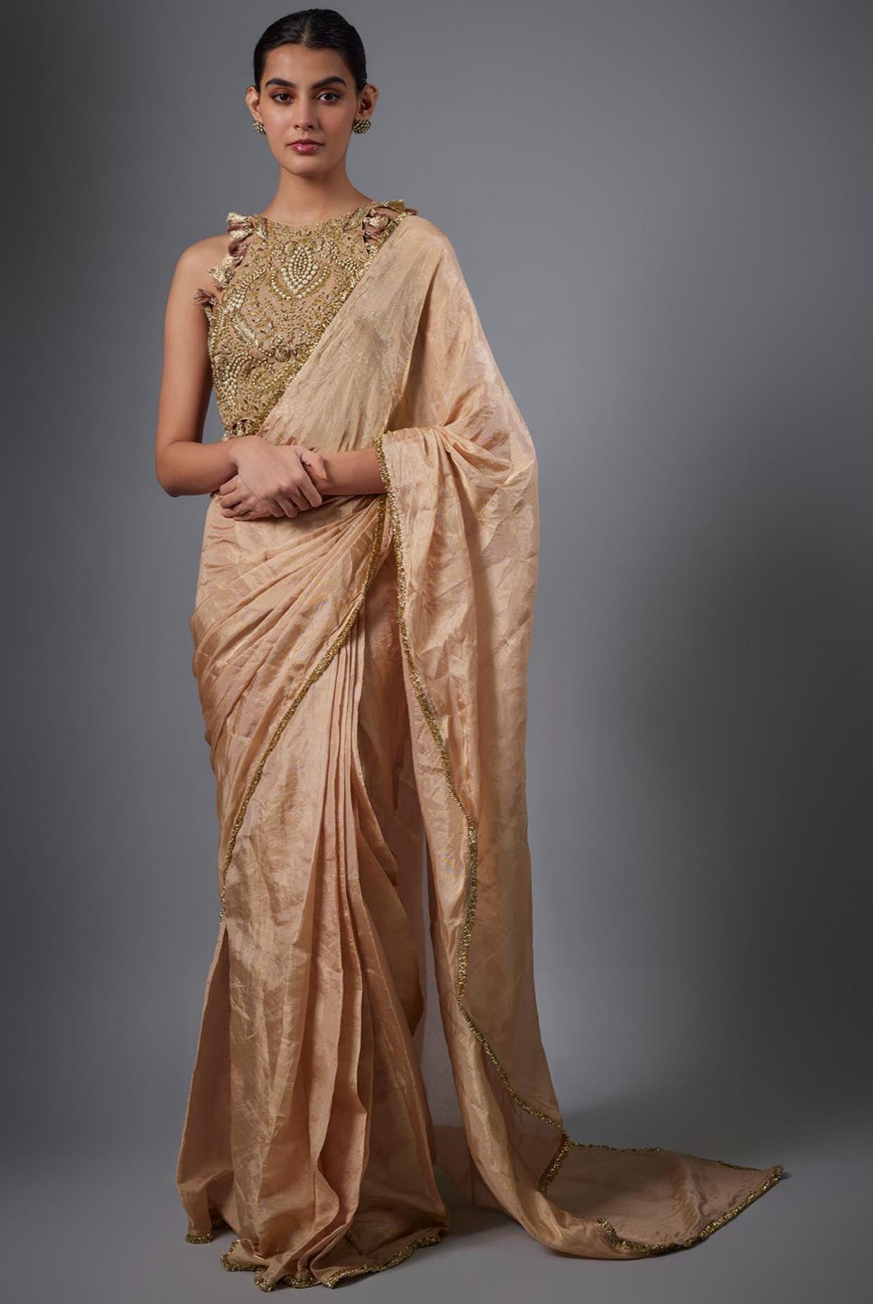 Dull Rose Color Embroidered Tissue Fabric Short Choli With Stitched Saree