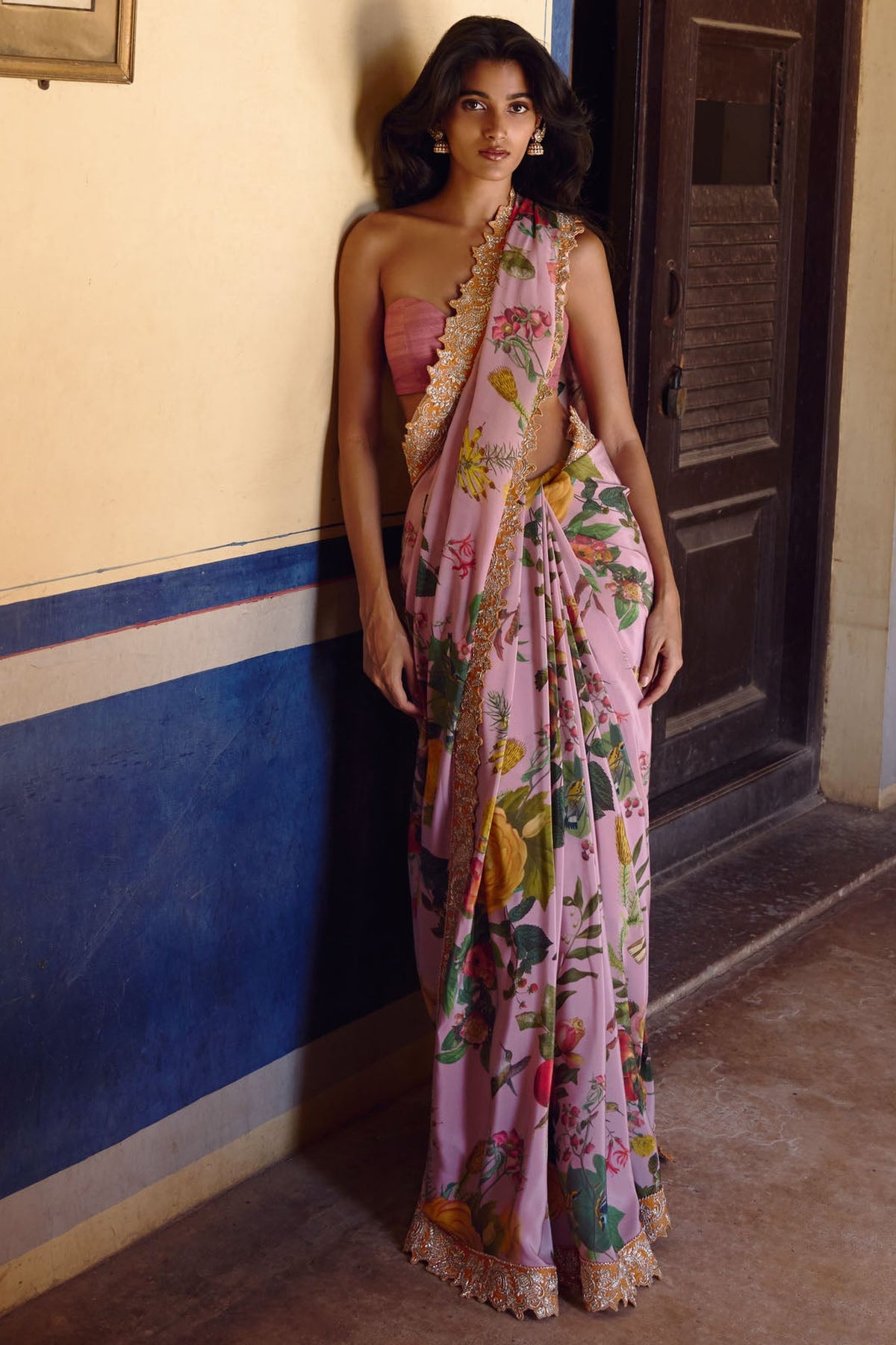 Dusty Pink Printed, Zardozi Border Saree Set