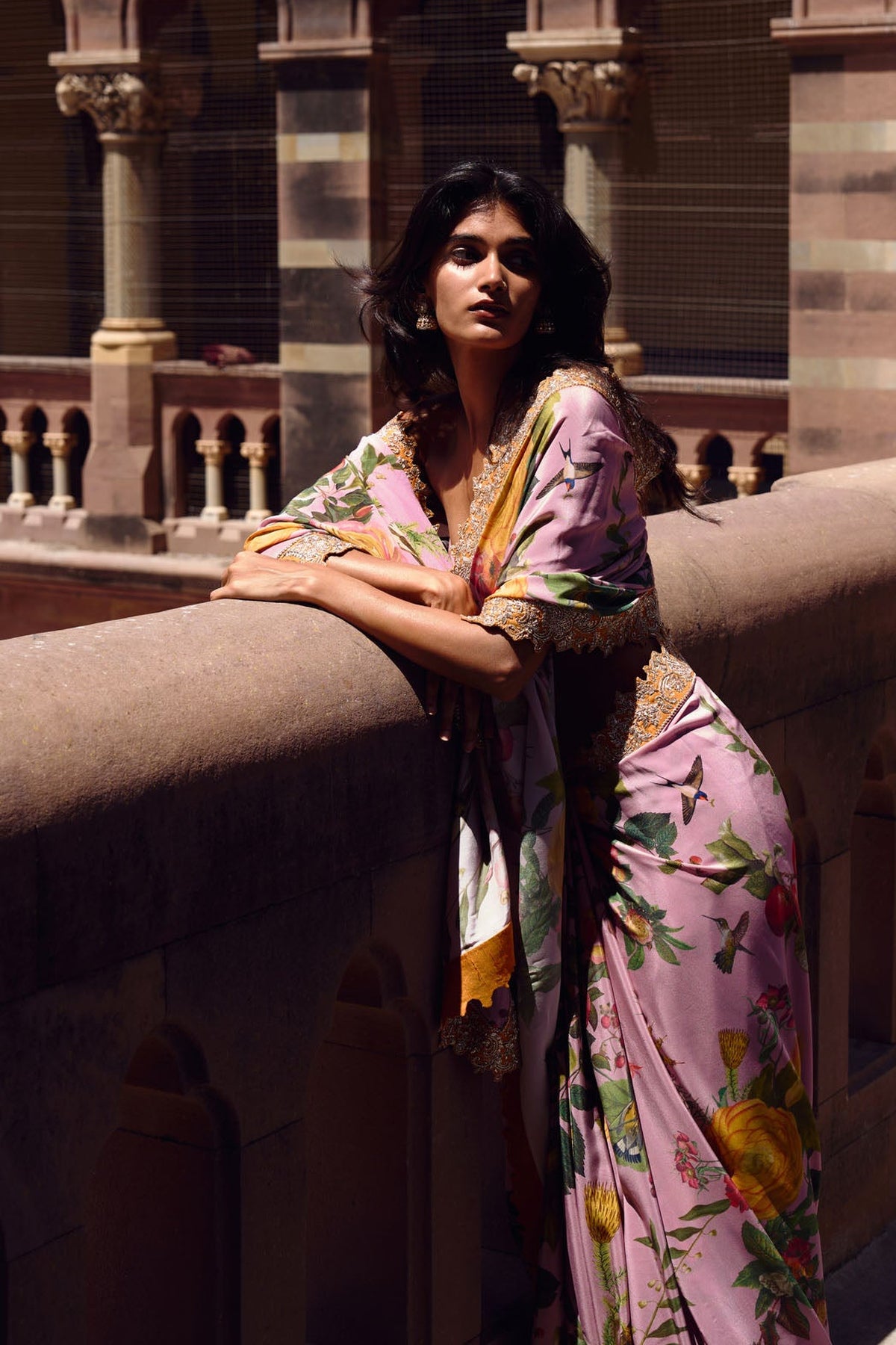 Dusty Pink Printed, Zardozi Border Saree Set