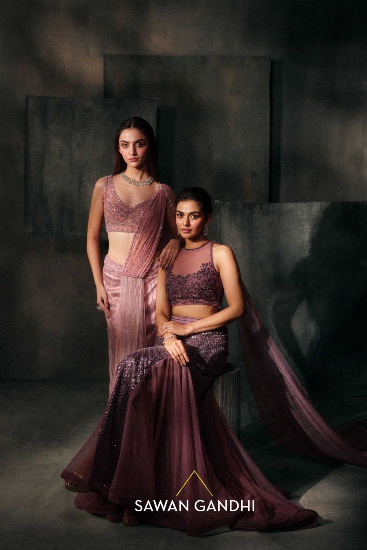 Dusty rose pink sequins and cutdana drape saree
