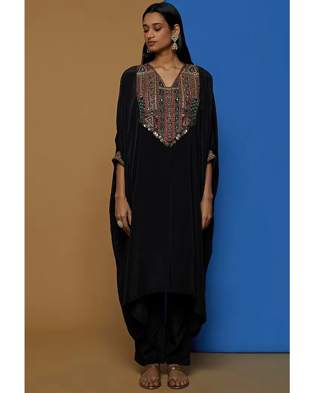 Black Crepe Embroidered Kaftan Kurta Set