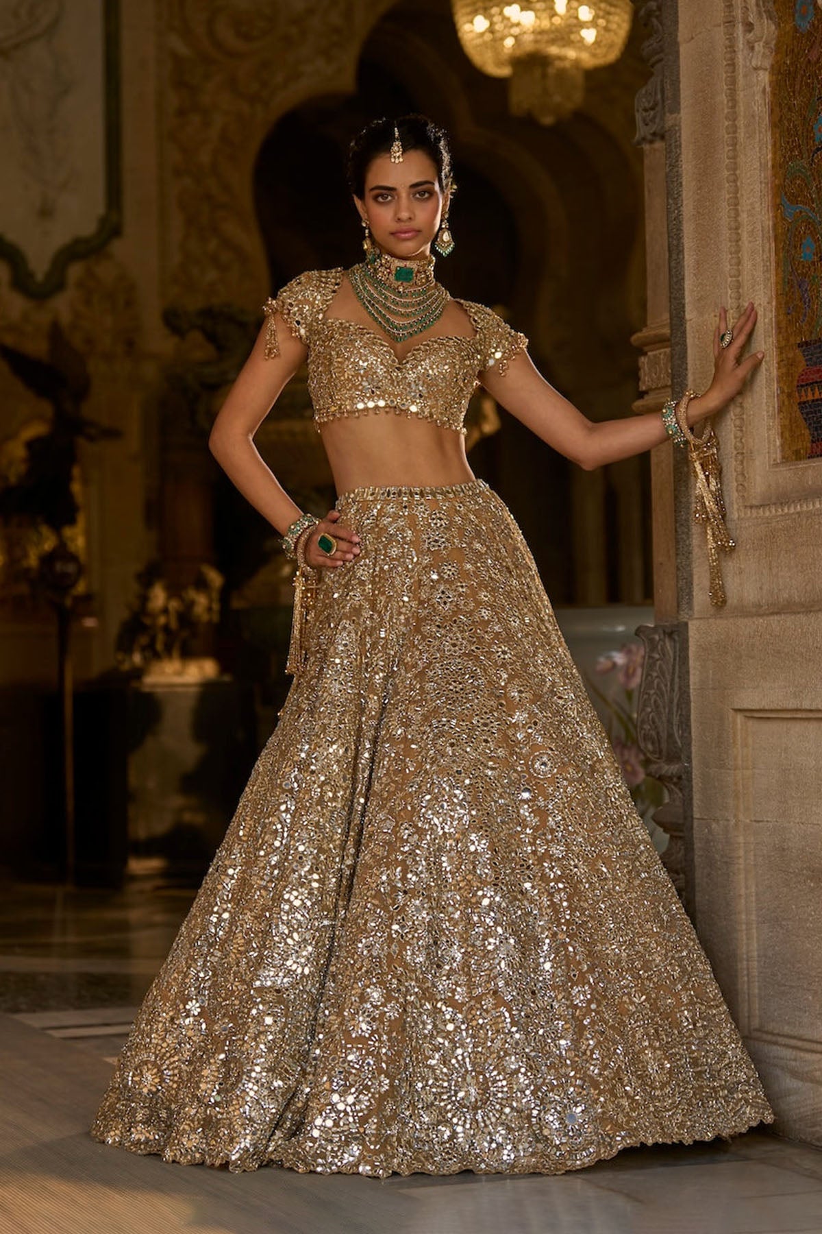 Gold Mirror Work Lehenga Set