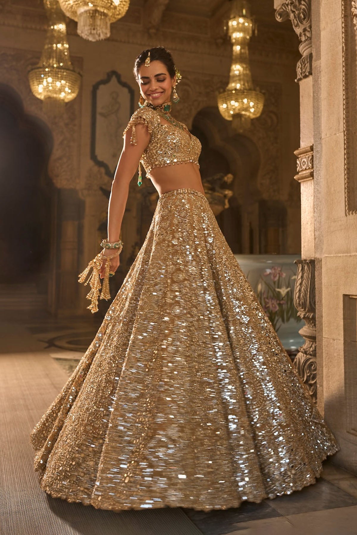 Gold Mirror Work Lehenga Set