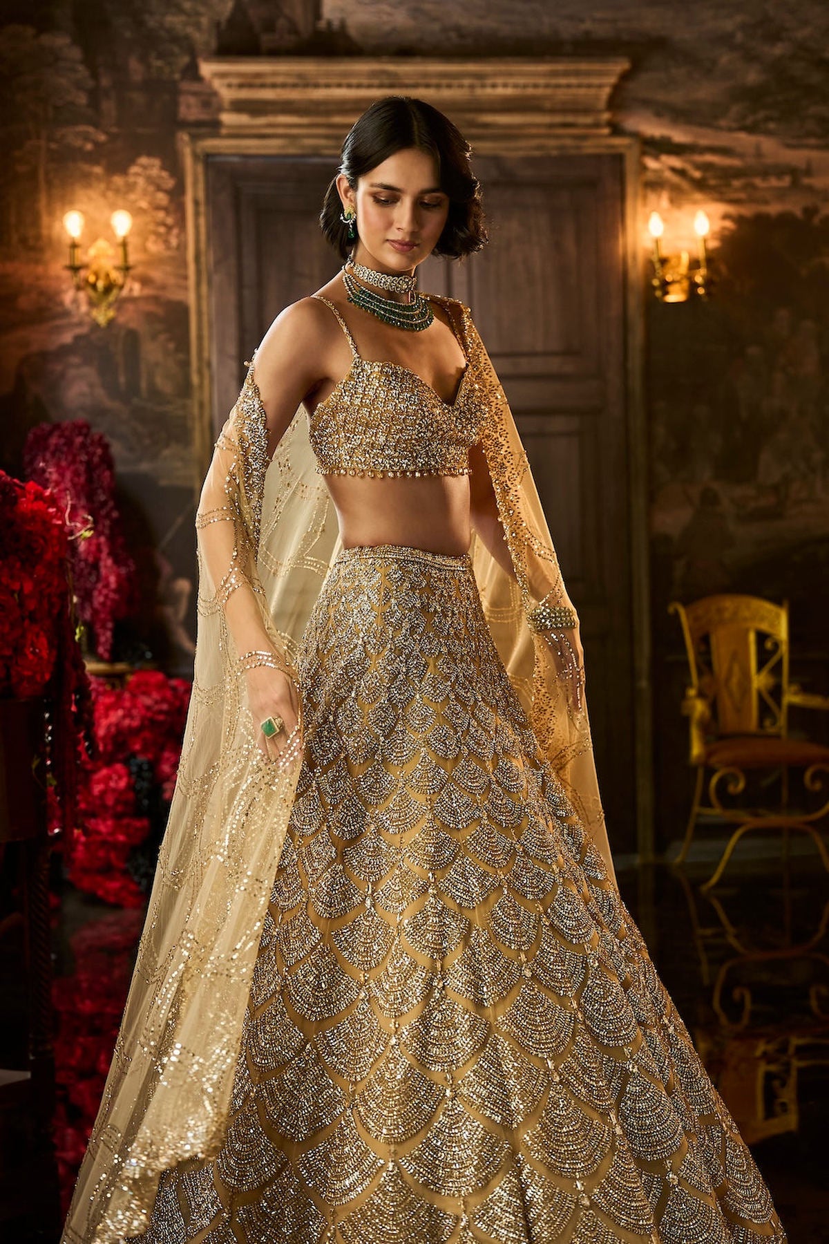 Gold Sequin & Crystal Lehenga Set