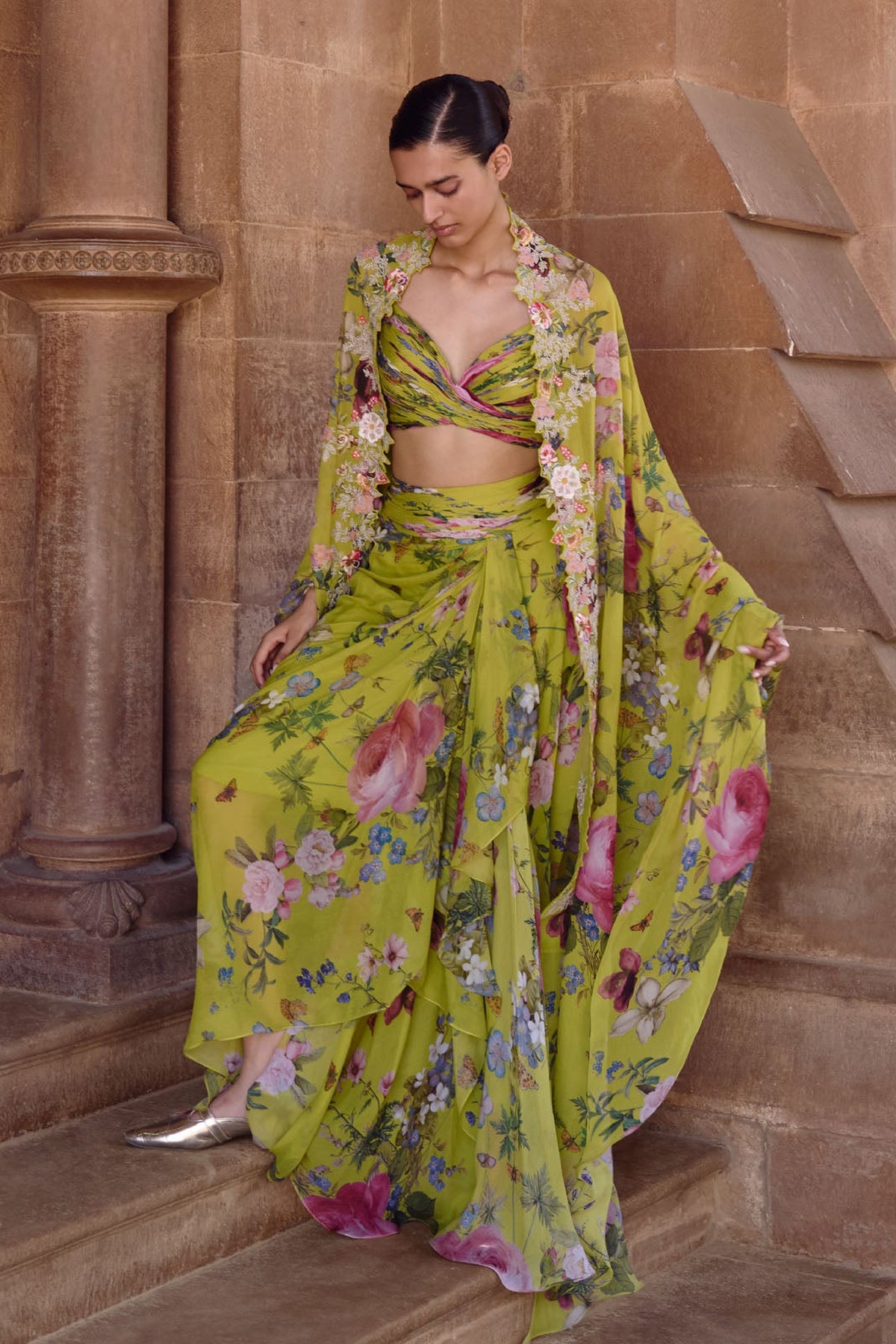 Green Printed 3D Utsa Rushing Cape Set
