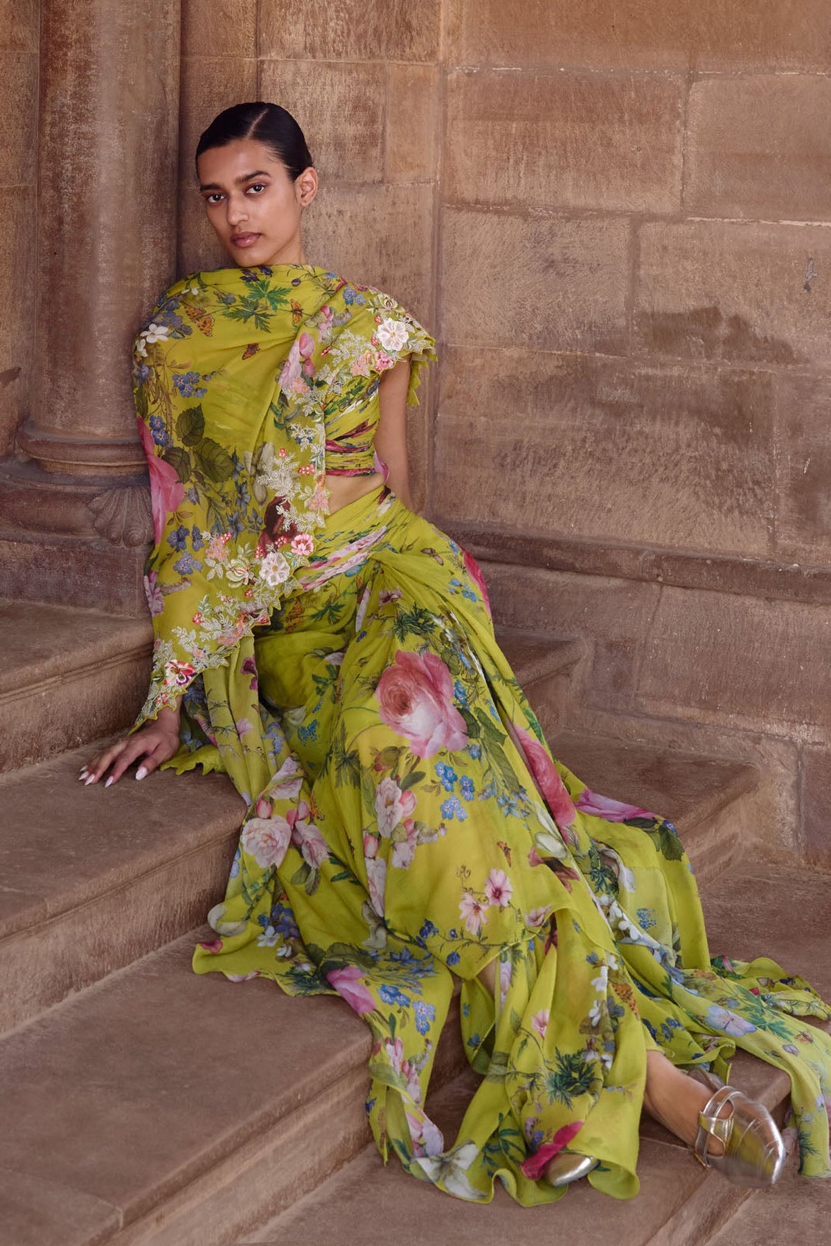 Green Printed 3D Utsa Rushing Cape Set