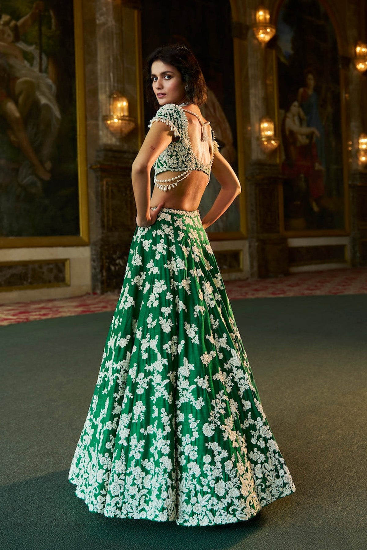 Green Thread Work Lehenga Set