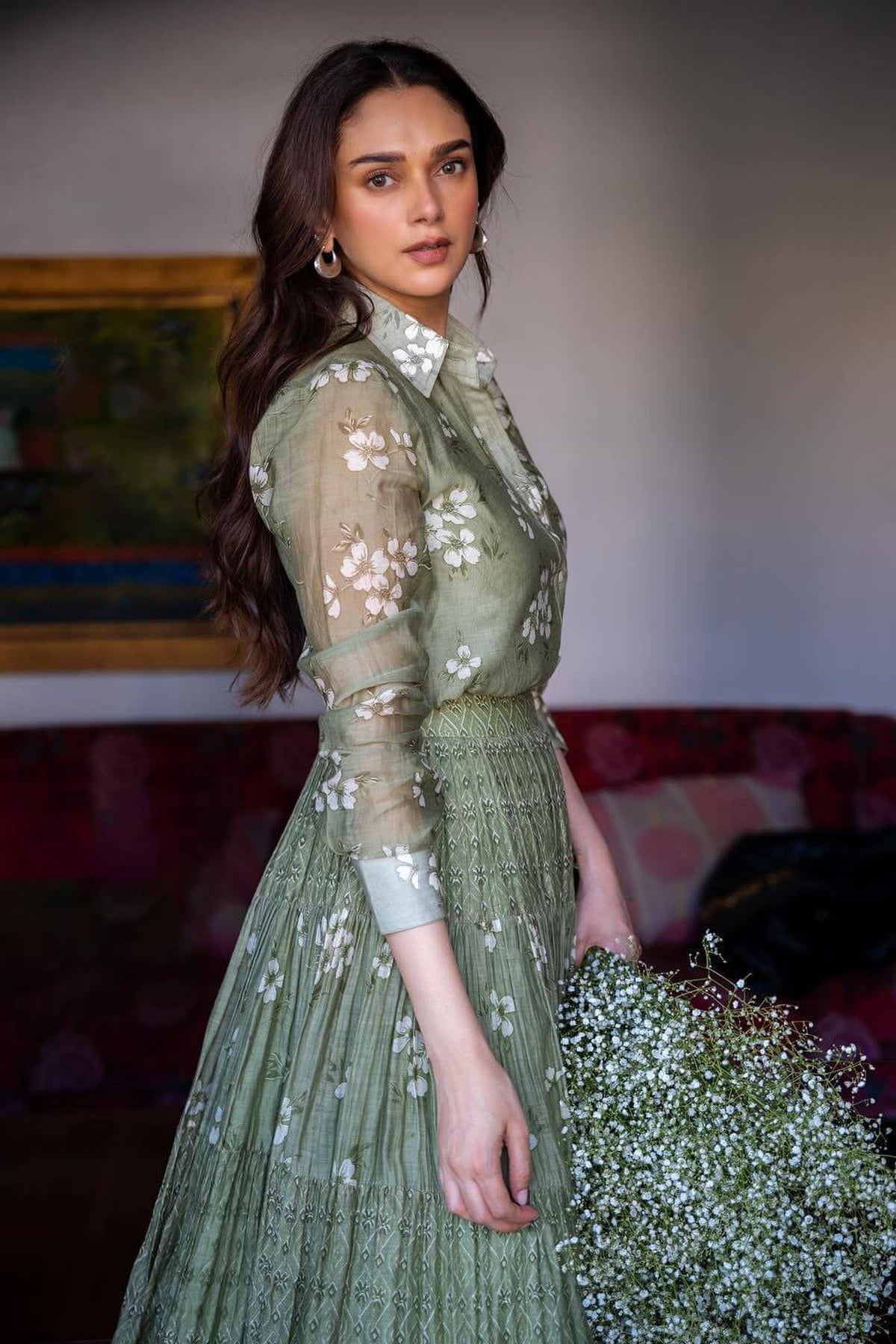 Green Tiered Lehenga with Shirt