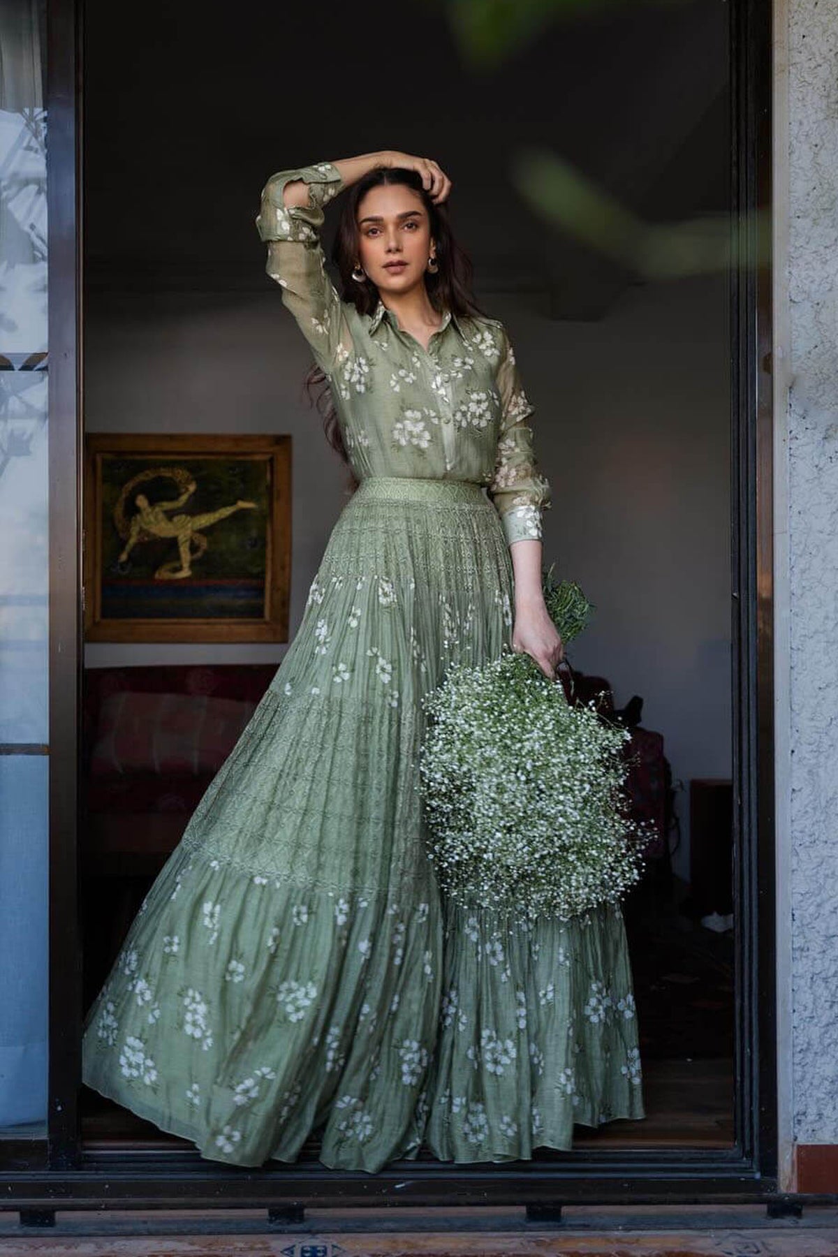 Green Tiered Lehenga with Shirt